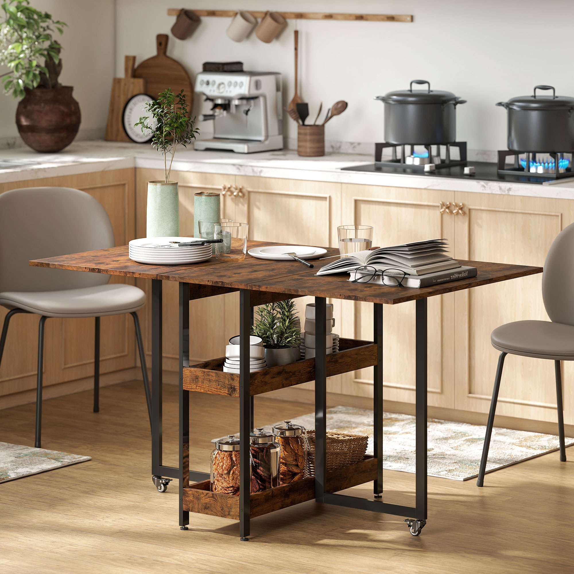 Klappbarer Esstisch im Industriedesign, für bis zu 4 Personen, offene Regale, flexibel, Metall, Spanplatte, Braun