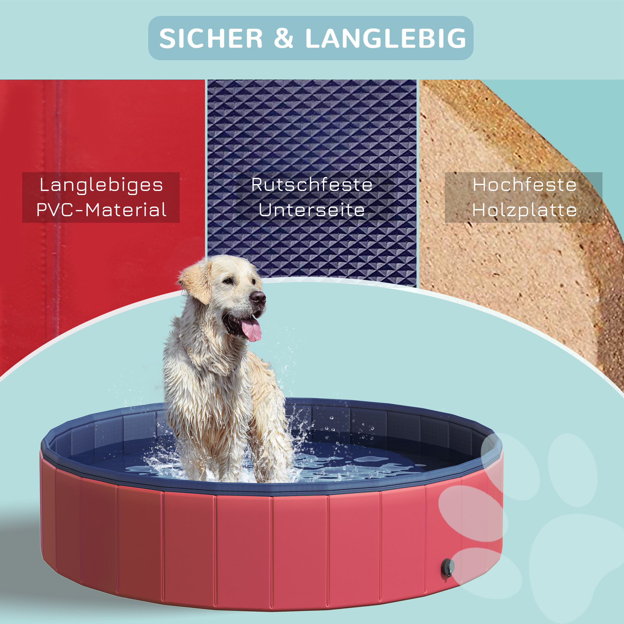 Hundebadewanne faltbar Badewanne Hundepool Plantschbecken Swimmingpool Wasserbecken für Hunde und Katzen Schwimmbecken Kunststoff+Holz Rot Ø140 x H30 cm