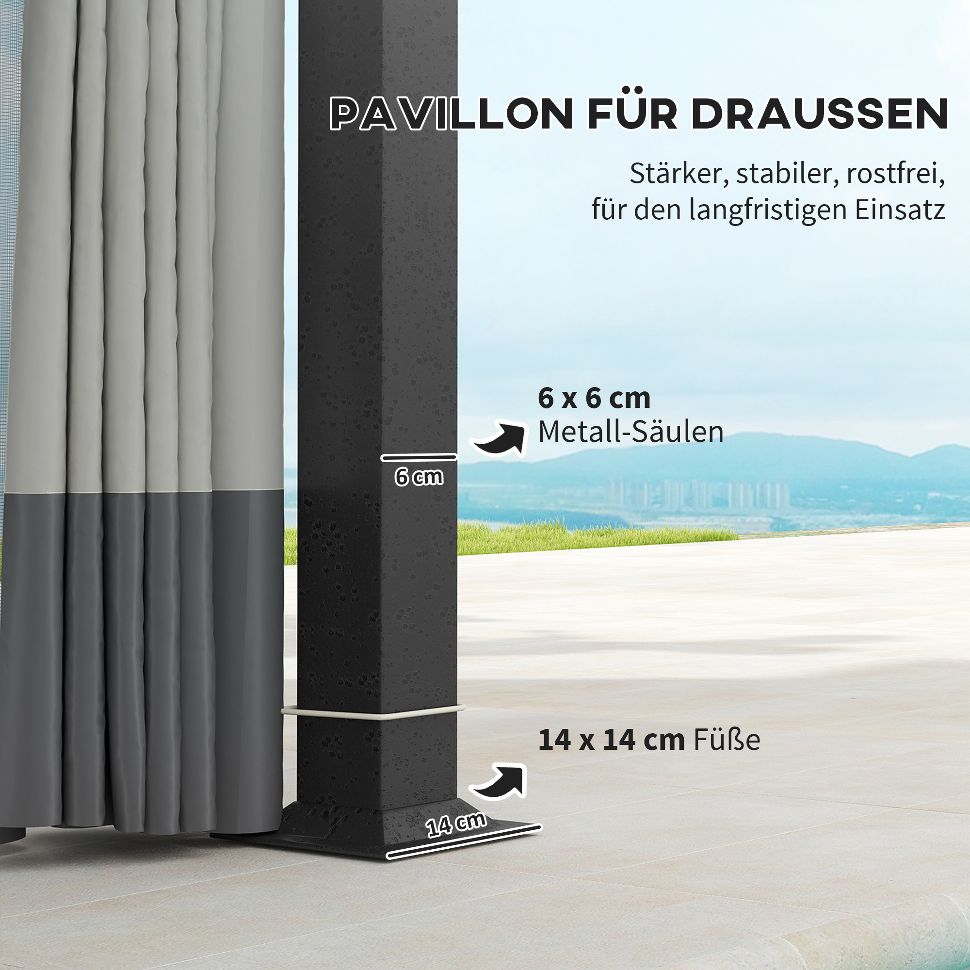 Gartenpavillon, 3,3 x 4 m Gartenzelt mit Netz-Vorhängen, zweistufiges Dach, Kunstleder-Bezug, Metallrahmen, Hellgrau