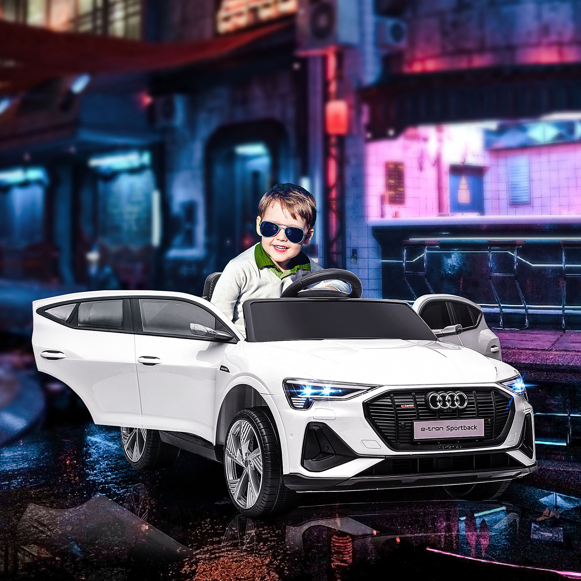 Kinderfahrzeug Audi E-tron Elektroauto mit Fernbedienung, Sicherheitsgurt, Musik (MP3/USB/TF), Kinderfahrzeug für Kinder 3-5 Jahre, 3-5 km/h, Weiß