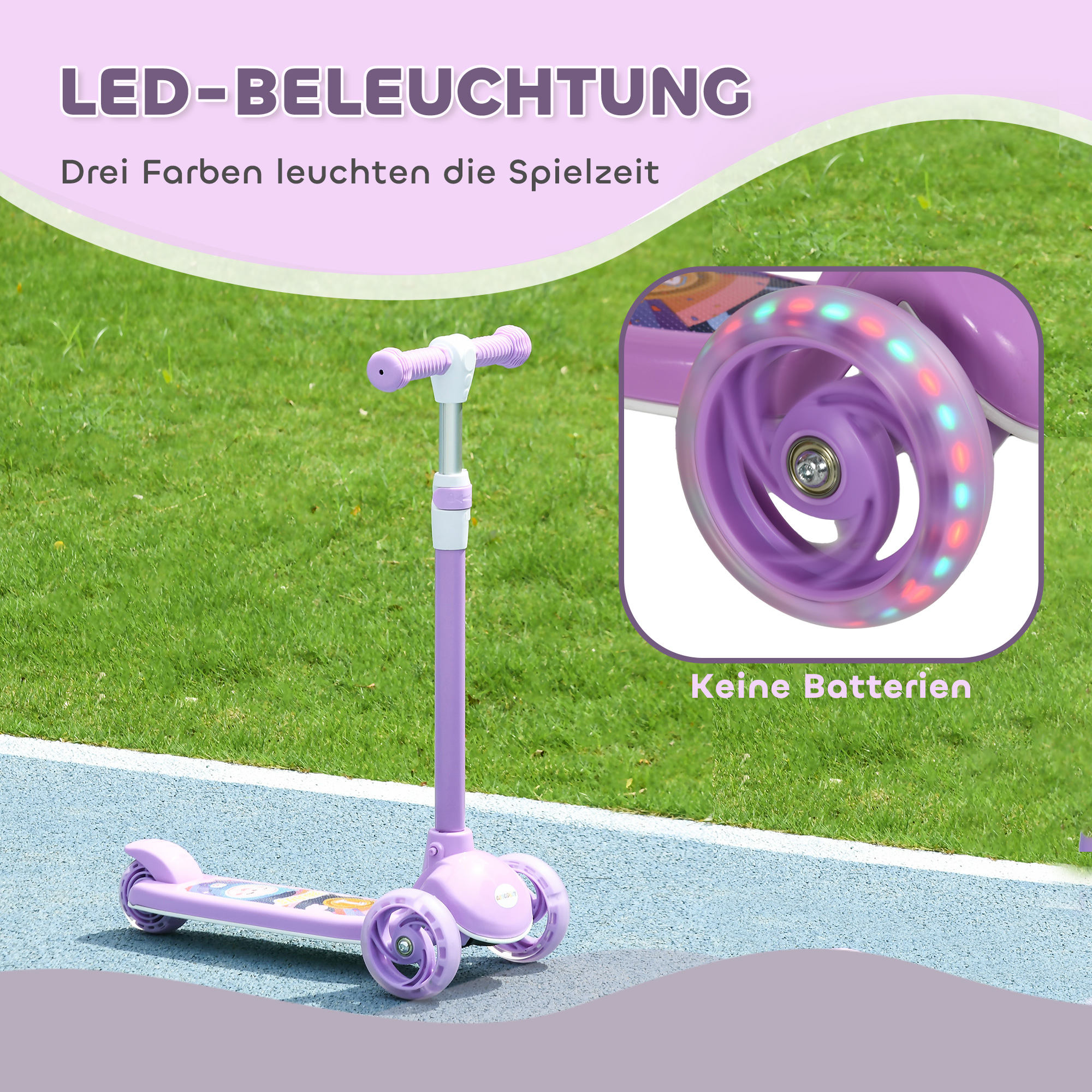 Kinderroller, LED-Räder, sanfte Fahrt, anpassbare Höhe, Kunststoff, Stahl, Lila