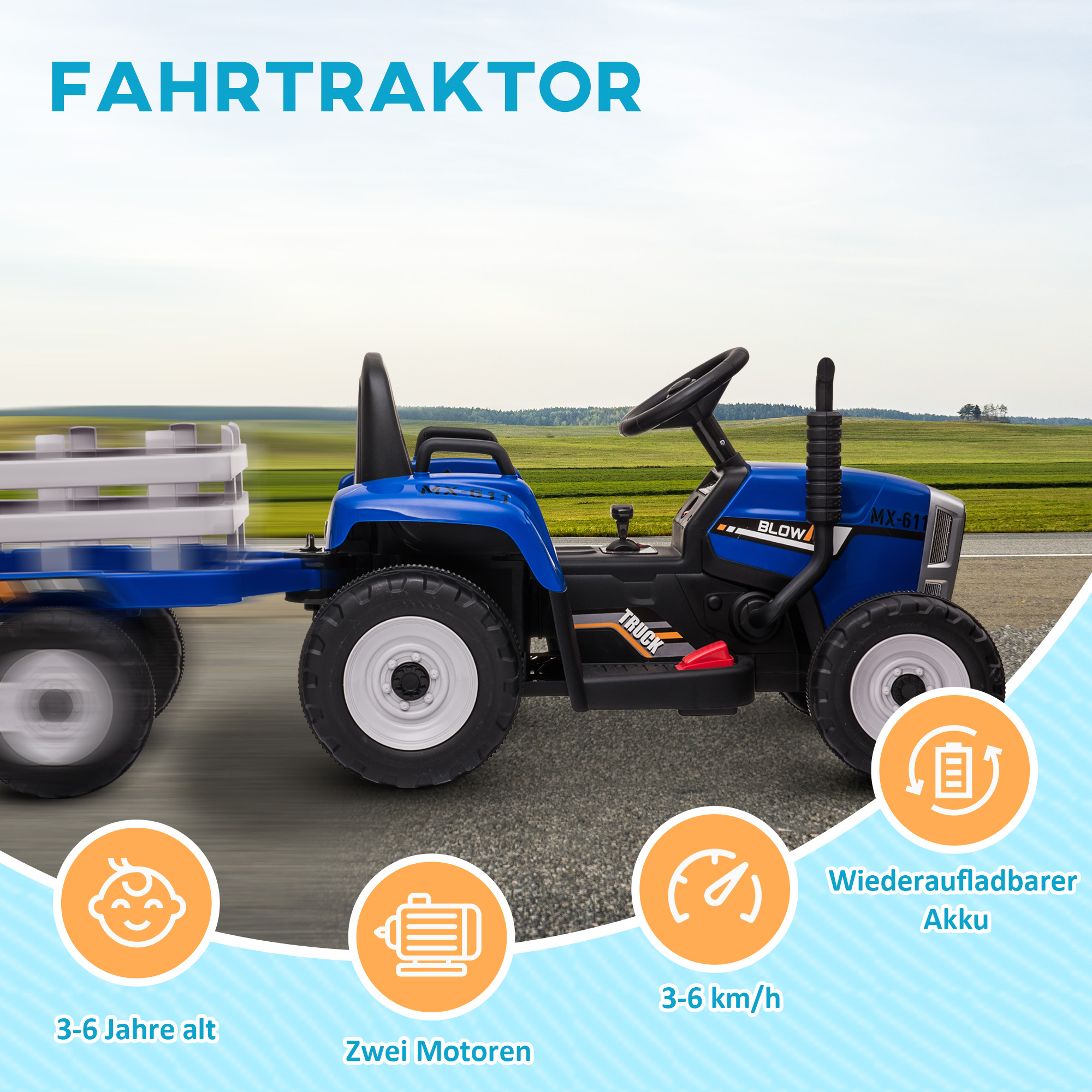 Kinder-Elektroauto mit Anhänger, Fernbedienung, Scheinwerfer, 3-6 km/h, für 3-6 Jahre, Blau