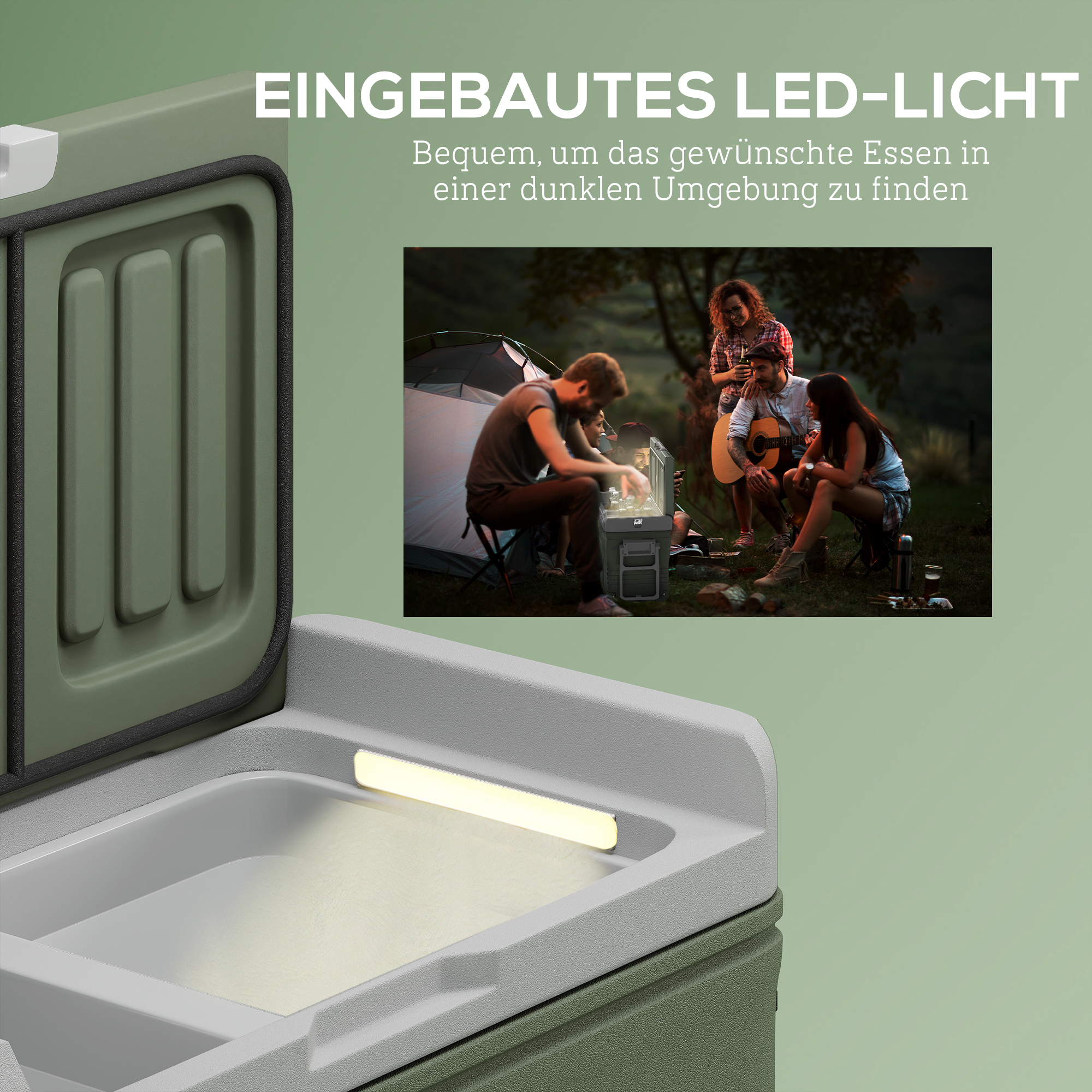 33 L Campingkühlschrank, Reisekühlbox, tragbarer Autokühlschrank mit 2 Fächern und Rädern, Kunststoff, Grün