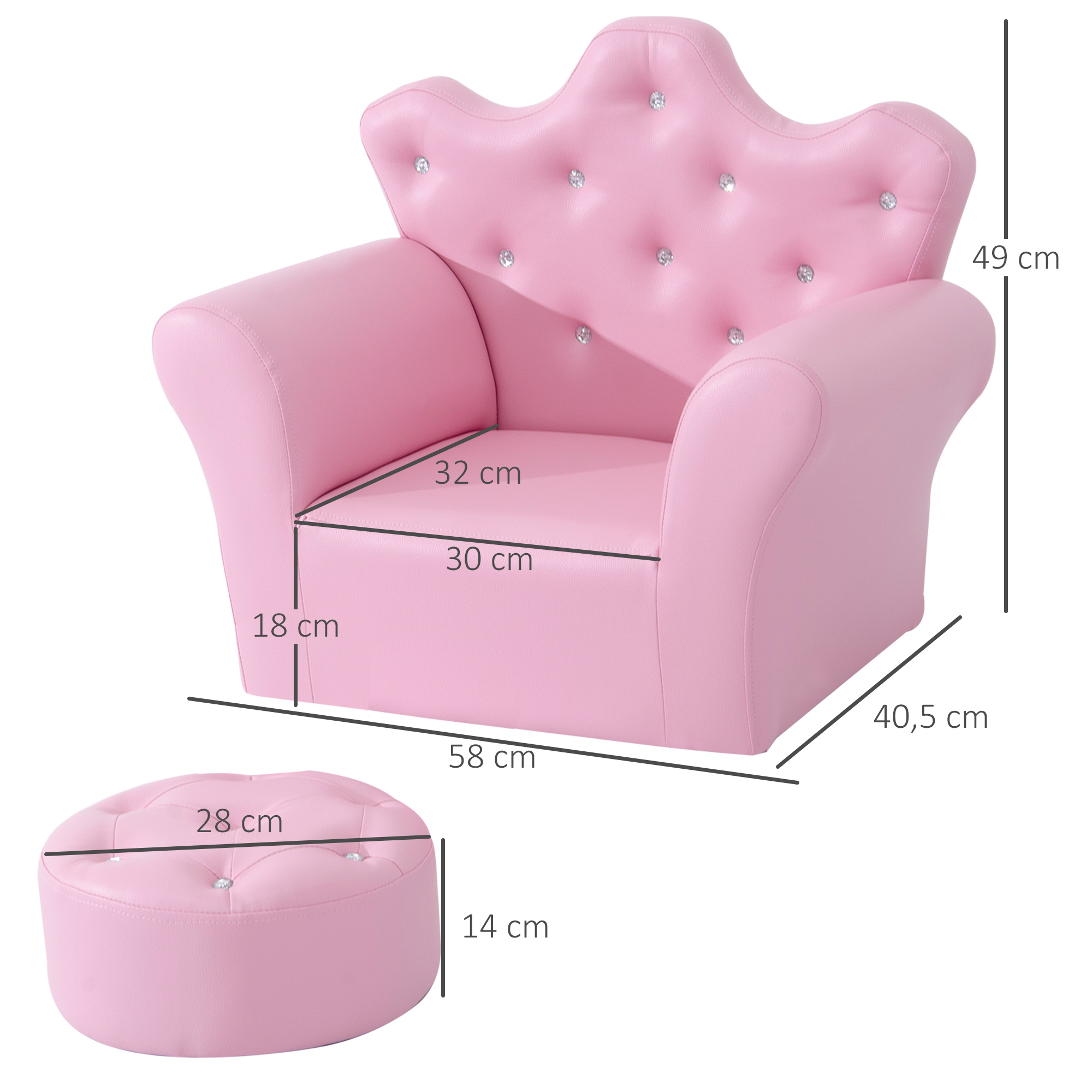 Spielsofa für Kinder, Kindersofa mit Ottomane, Kindercouch Prinzessinnen Spielsofa Kindercouch Mini Couch für Kuschelecke, Kinderzimmer, Spielzimmer, Schlafzimmer, Rosa