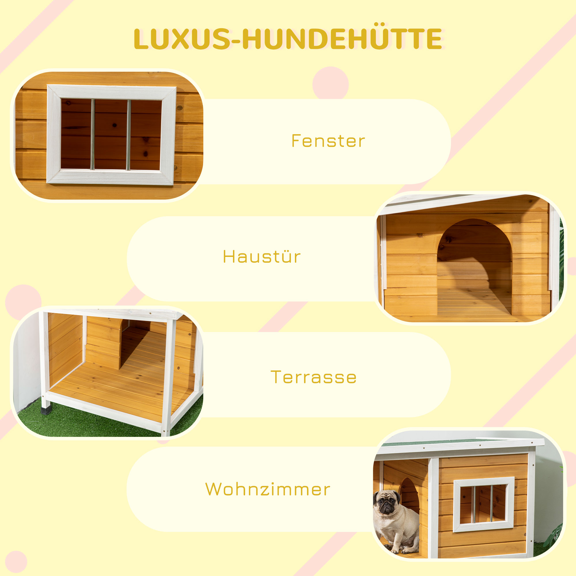 Hundehütte mit Veranda, aufklappbares Dach, Fenster, verstellbare Füße, Naturholz, orange, 85,5 x 62 x 60 cm