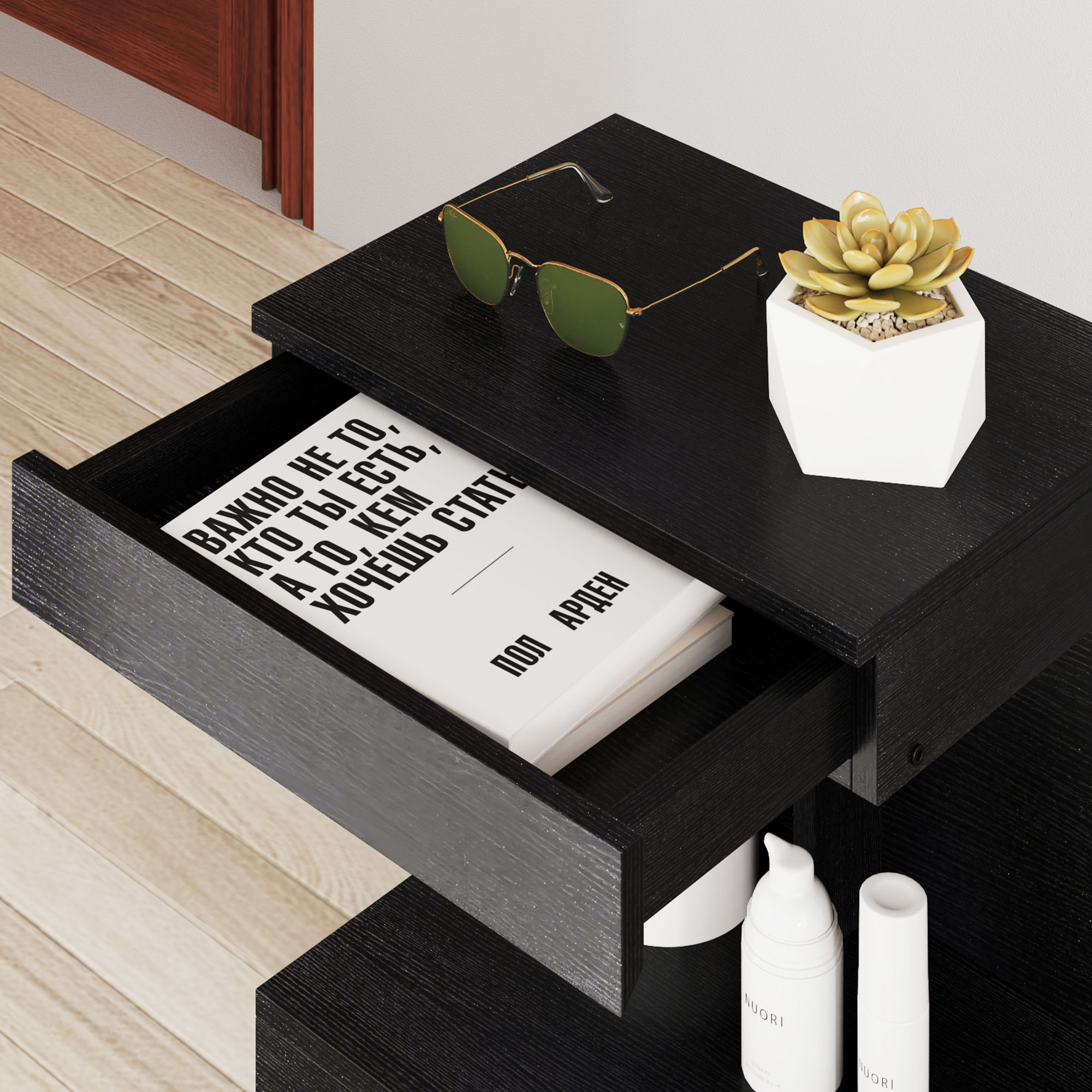 Nachttisch, Beistelltisch mit Schublade und Ablagefach, Moderner Sofatisch mit Regal für verschiedene Räume, Schwarz