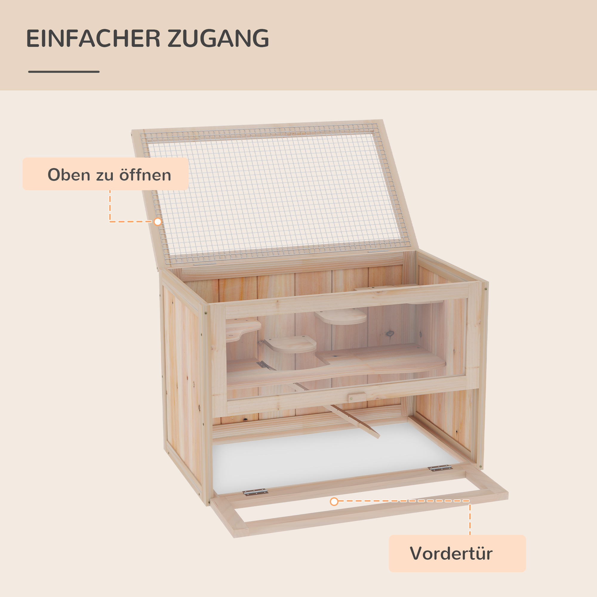 Hamsterkäfig aus Holz 2 Etagen 60 x 35 x 42 cm Nagerkäfig Kleintierkäfig mit aufklappbarem Gitterdach Trinkflasche Rampe Wippe Fütterungsstation Mäusekäfig für Zwerghamster Naturholz