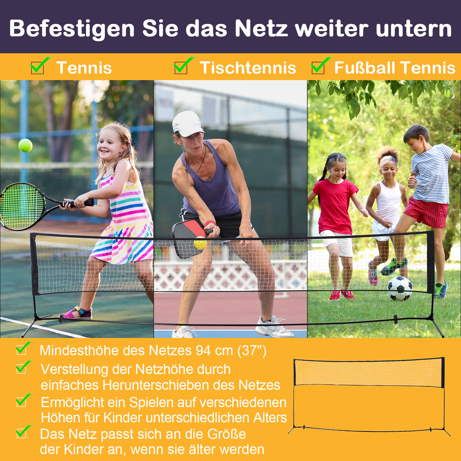 Badmintonnetz 94/158cm faltbares Volleyballnetz mit Transporttasche 2-Fach-Höhenverstellbar Tennisnetz Badminton Netz tragbares Set für Tennis Federballnetz für Garten Park Outdoor