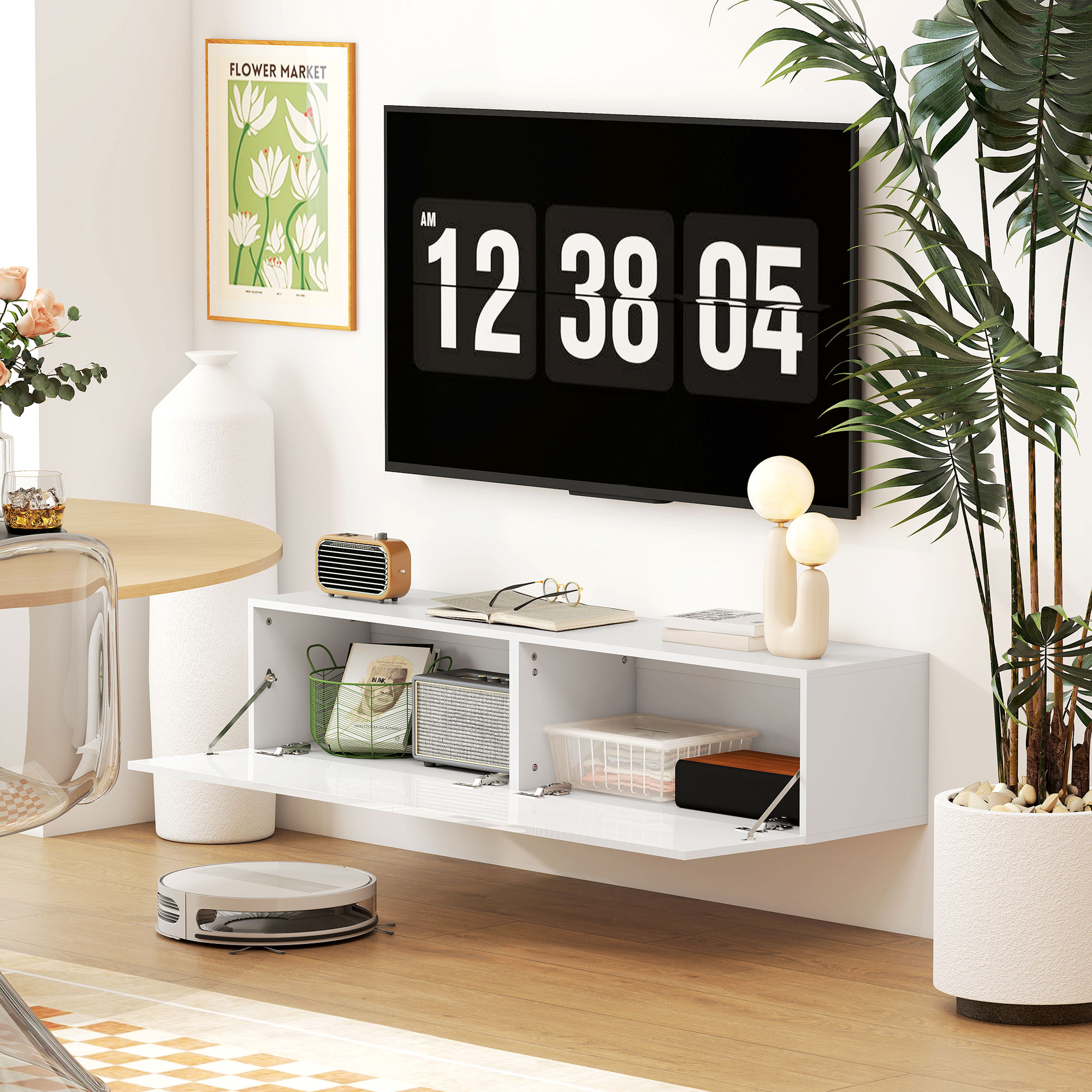 Wandmontierter TV-Schrank, schwebende TV-Kommode mit viel Ablagefläche und Stauraum, Spanplatte, Weiß