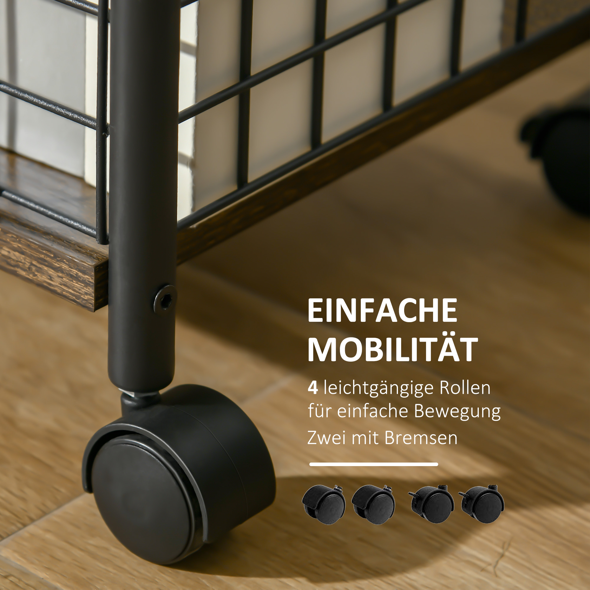 Küchenwagen im Industriedesign 1 Regal 1 Aufbewahrungskorb 4 Räder 40 cm x 30 cm x 62 cm Stahl Schwarz + Braun