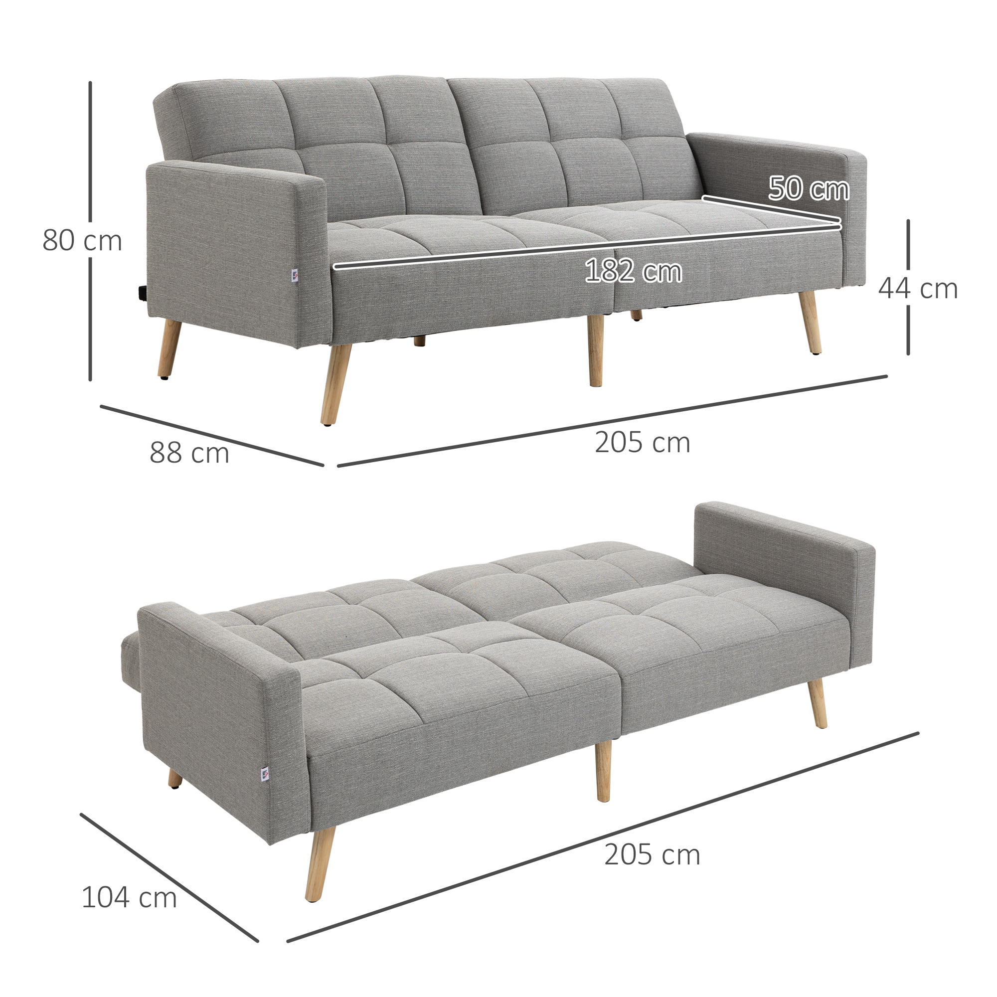 2 in 1 Schlafsofa 205 x 88 cm Sofa mit Bettfunktion, Couch mit Sitzkissen, Leinenoptik Grau