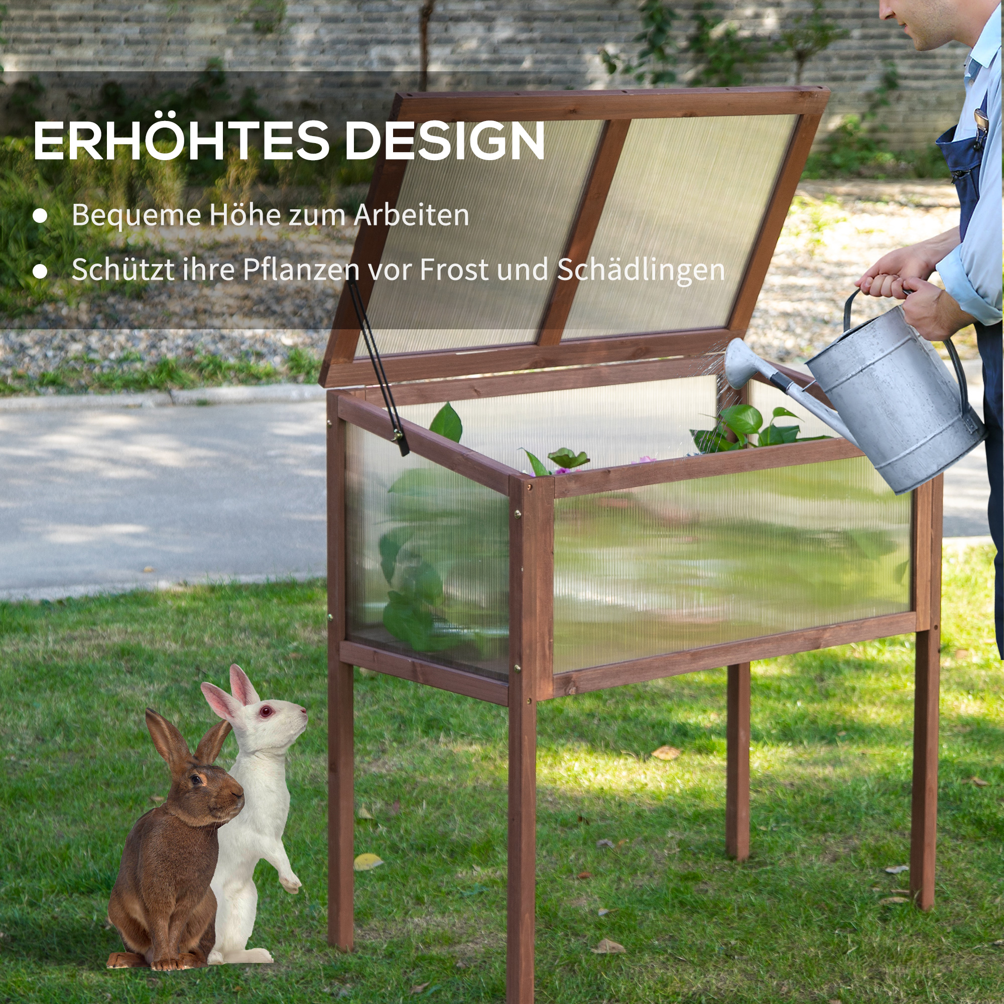 Hochbeet aus Holz Frühbeet 90 x 50 x 93 cm Gewächstisch mit Abdeckung wetterfes Kräuterbeet Pflanzkasten für Garten, Balkon und Terrasse Braun