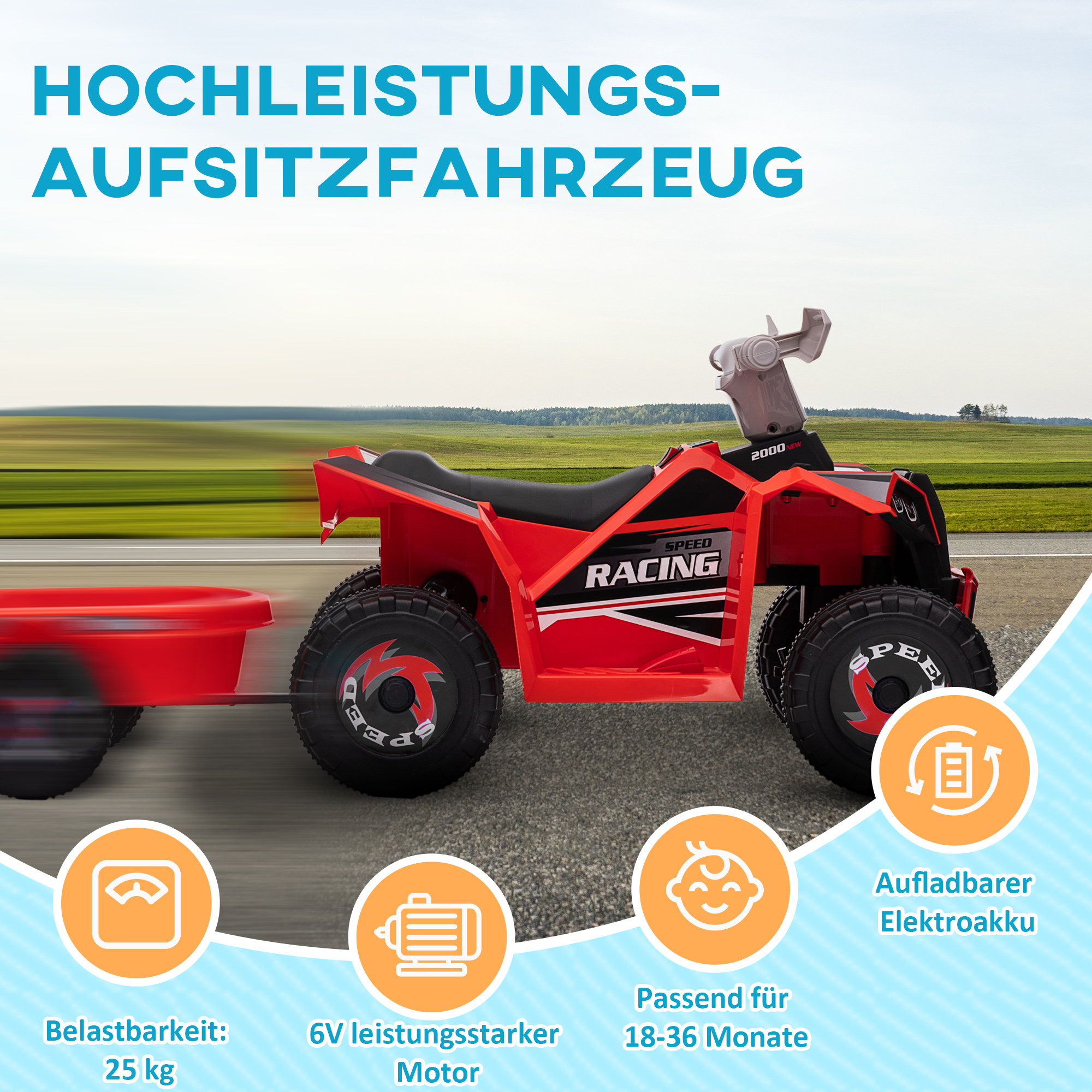 Kinderquad mit Anhänger, 2,5 km/h, 50 Minuten Fahrtzeit, für 1,5 bis 3 Jahre, bis 25 kg, Rot