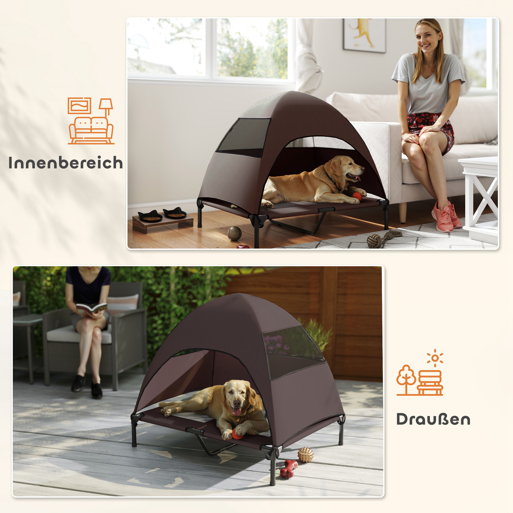 Hundeliege Outdoor mit Dach, erhöhtes Hundebett für Große Hunde, 91 x 76 x 90 cm, Kaffee