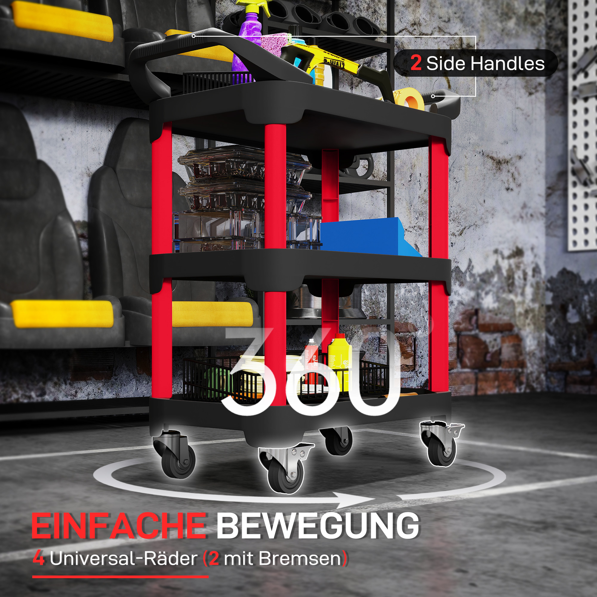 Werkzeugwagen mit 3 Ebenen, seitliche Griffe, Räder, Kunststoff, Schwarz