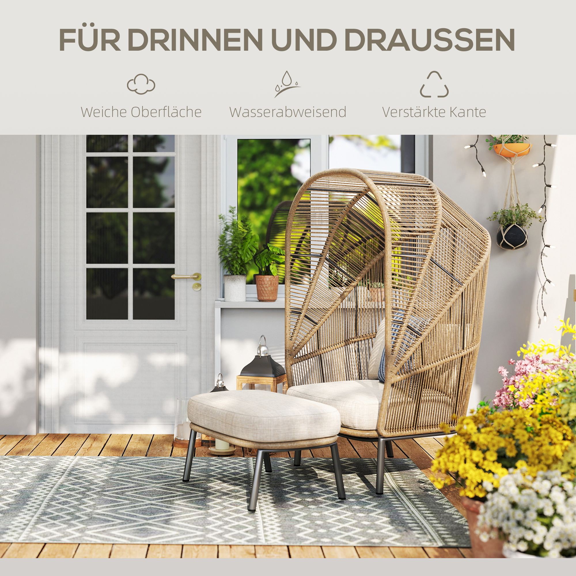 Teppich für drinnen und draußen, Boho-Design, leicht zu reinigen, Grau