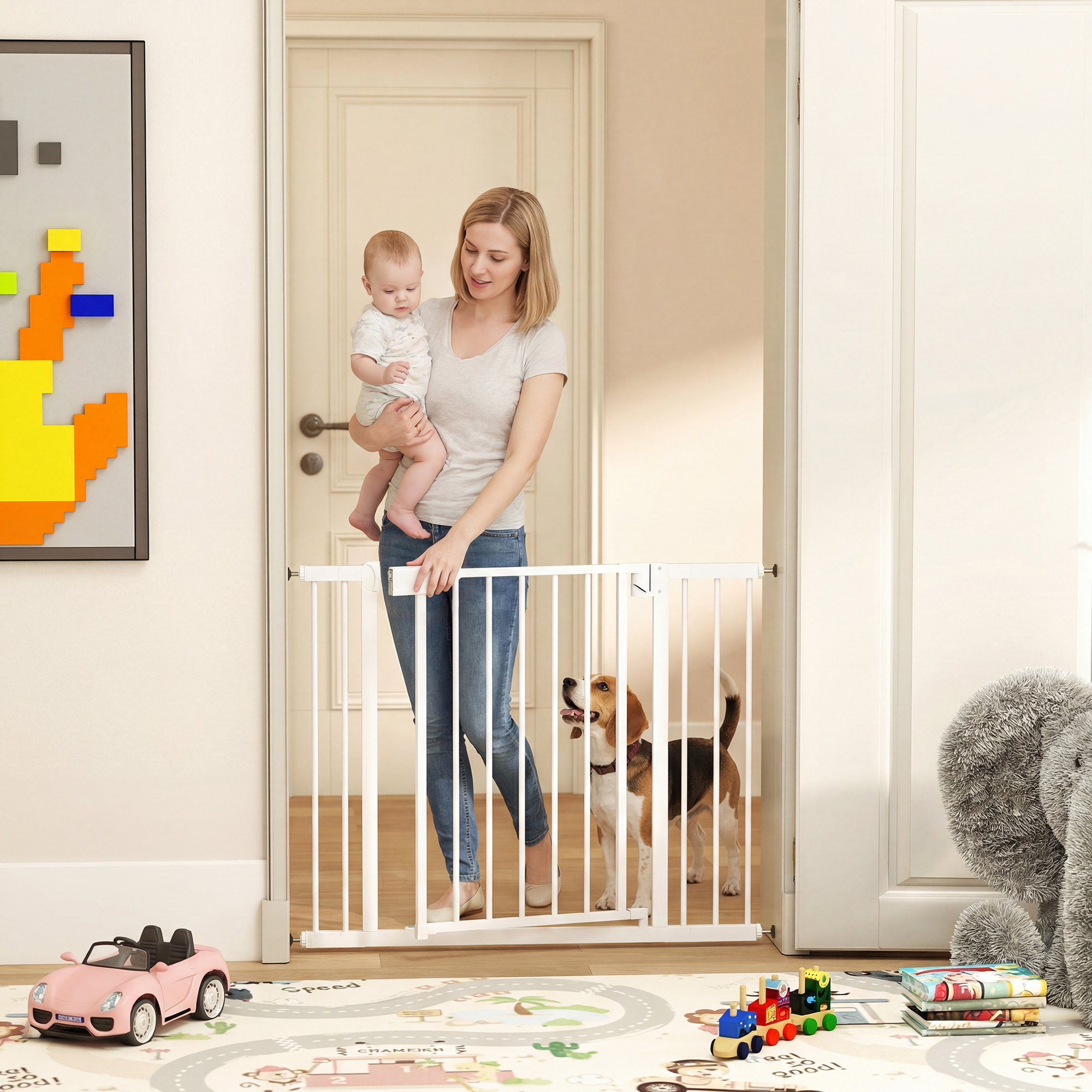 Treppenschutzgitter Absperrgitter ohne Bohren mit automatische Schließung für Kinder Küche Treppe 76-103 x 76 cm Weiß