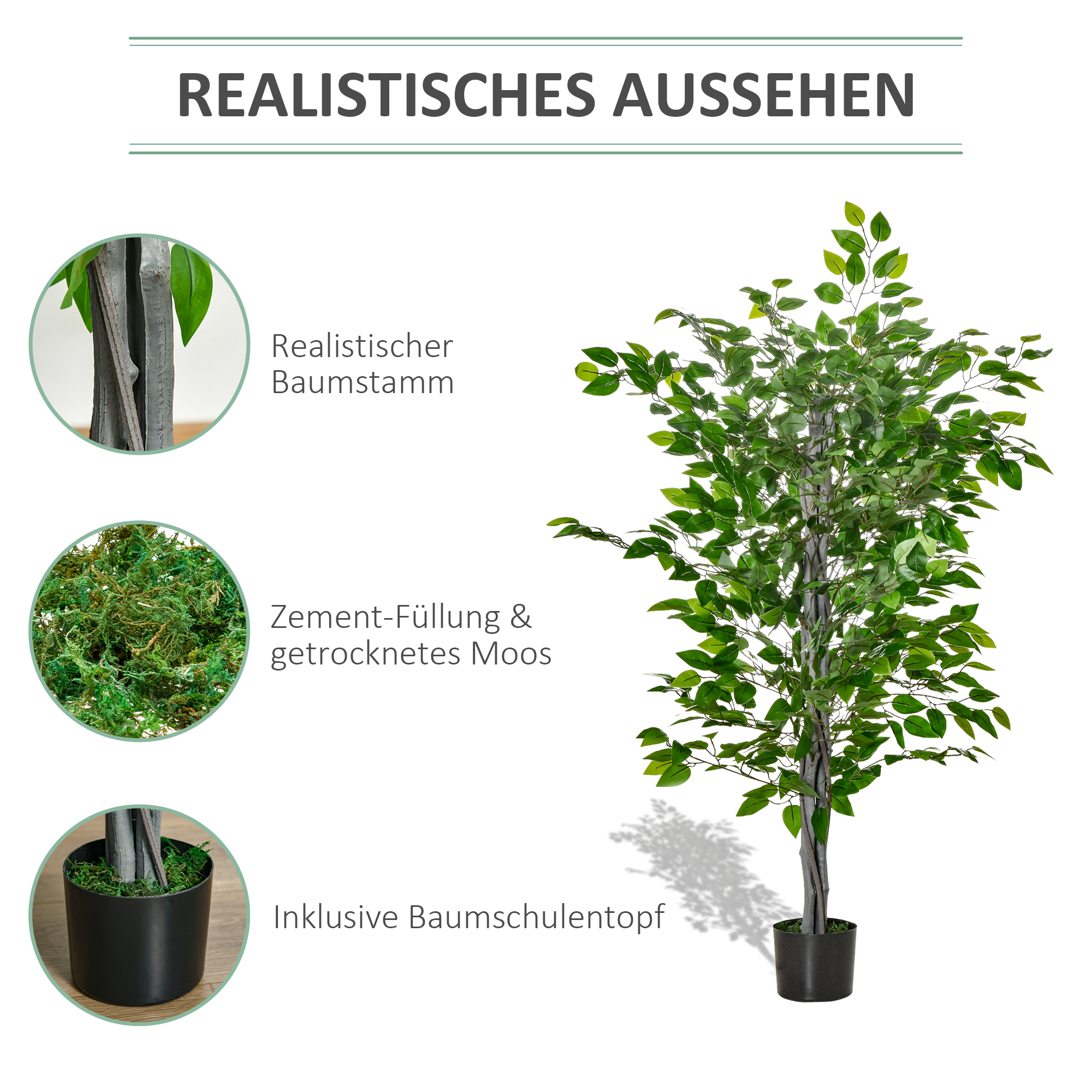 Künstlicher Baum, Ficus-Kunstpflanze, realistisches Aussehen, Zementtopf, 135 cm, pflegeleicht, Kunststoff, Grün