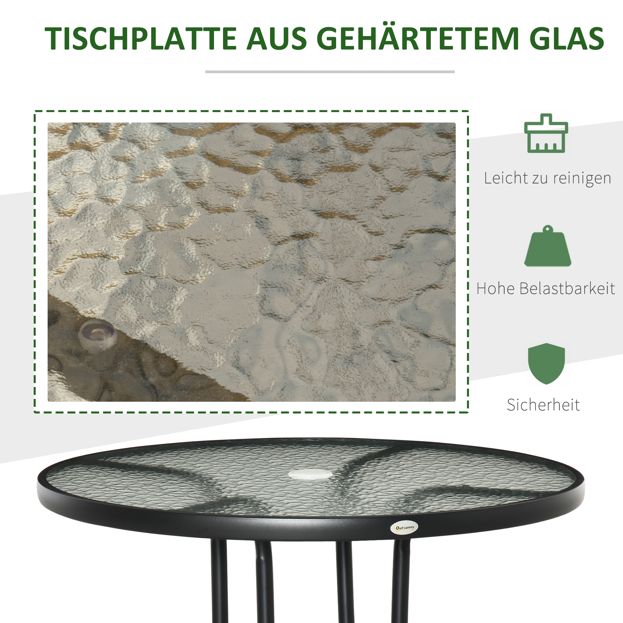 Gartentisch Garten Beistelltisch Gartenmöbel Balkontisch Bistrotisch mit Schirmloch Hartglas + Metall Schwarz Ø80 x 72 cm