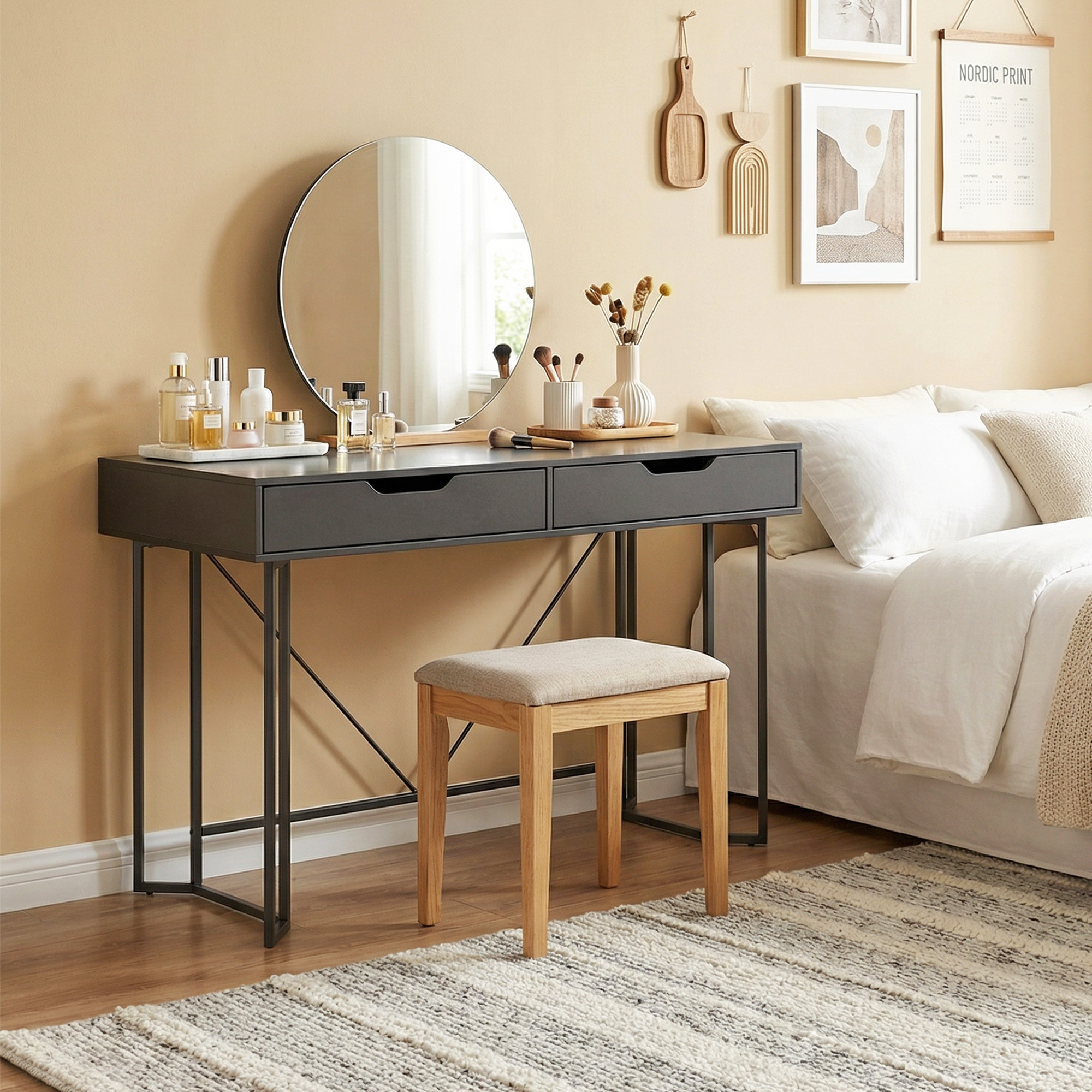 kleiner Computertisch mit 2 Schubladen, Schreibtisch mit großer Arbeitsfläche 120 x 60 x 77 cm Schwarz