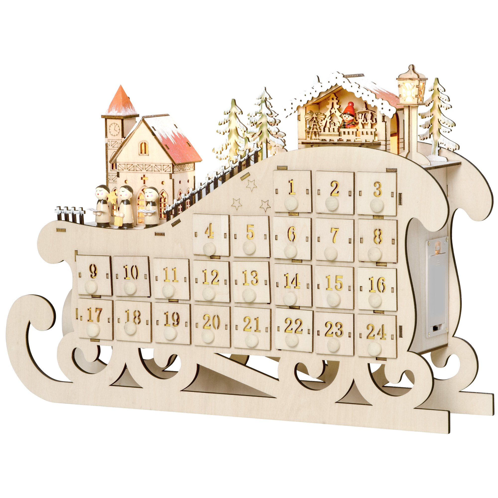 Adventskalender zum Befüllen 24 Schubladen Fächer Weihnachtskalender mit LED-Lichtern Schlitten-Form Adventskalenderbox Weihnachtsdekoration DIY Sperrholz-Platte Naturholz 45 x 10 x 31 cm