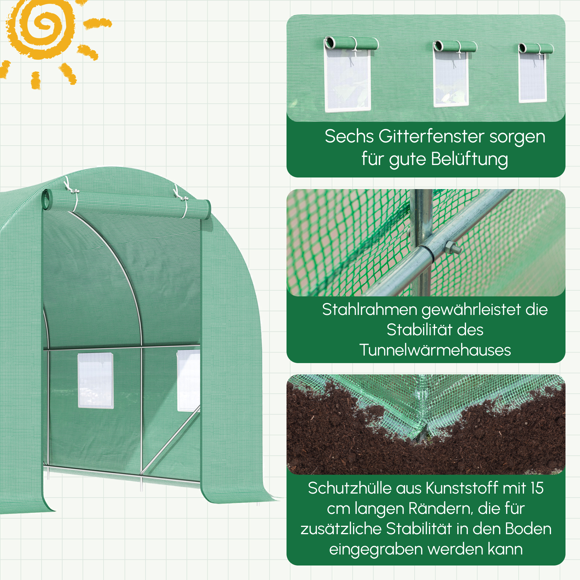Gewächshaus 445x190x200cm Foliengewächshaus Tomatenhaus Tür mit Moskitonetz, Fenster, Folientunnel aus verzinktem Stahl, stabiles Pflanztunnel, Treibhaus inkl, Erdanker Seilen, Grün