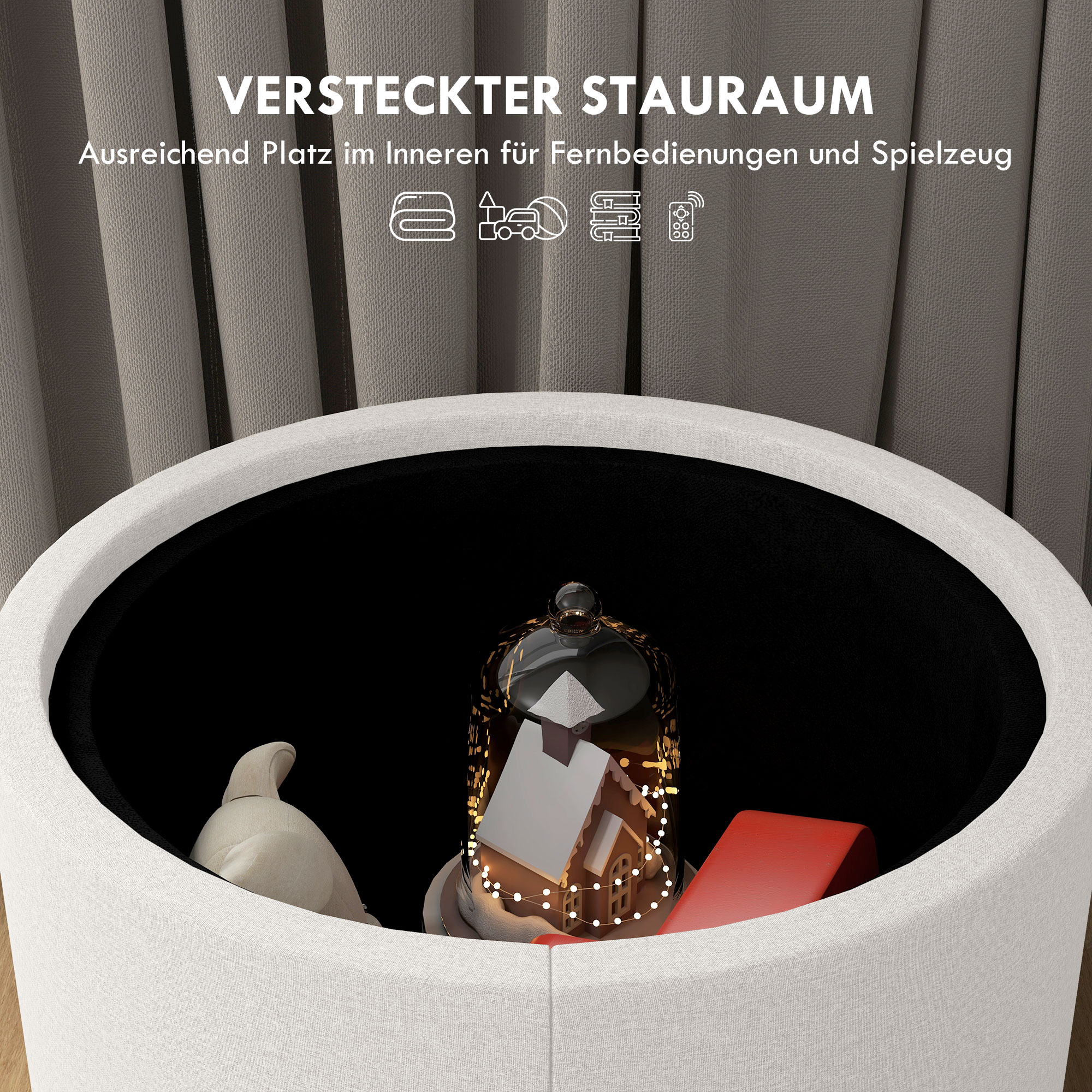 Hocker Polsterhocker, Leinen, versteckter Stauraum, umkehrbarer Deckel, 5 6cm x 56 cm x 42 cm, Creme + Natur