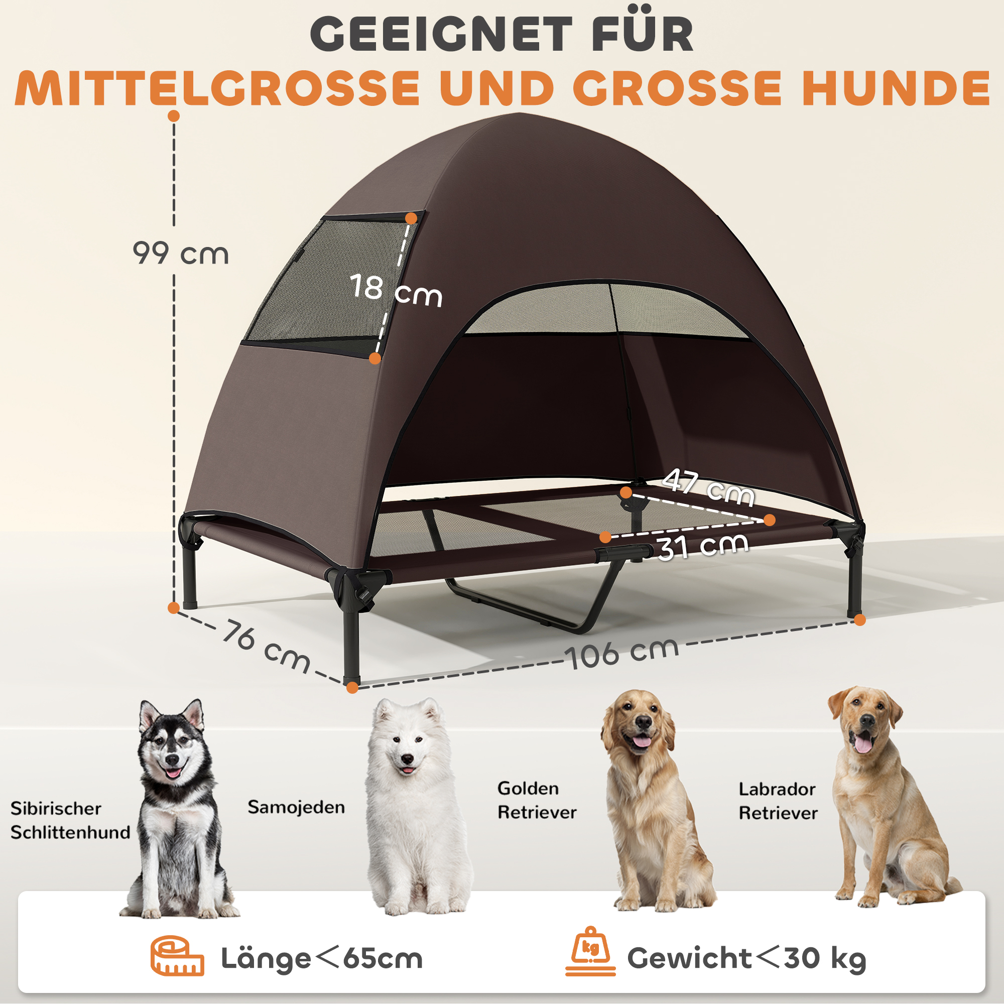 Hundeliege Outdoor mit Dach, erhöhtes Hundebett für Große Hunde, 106 x 76 x 99 cm, Kaffee
