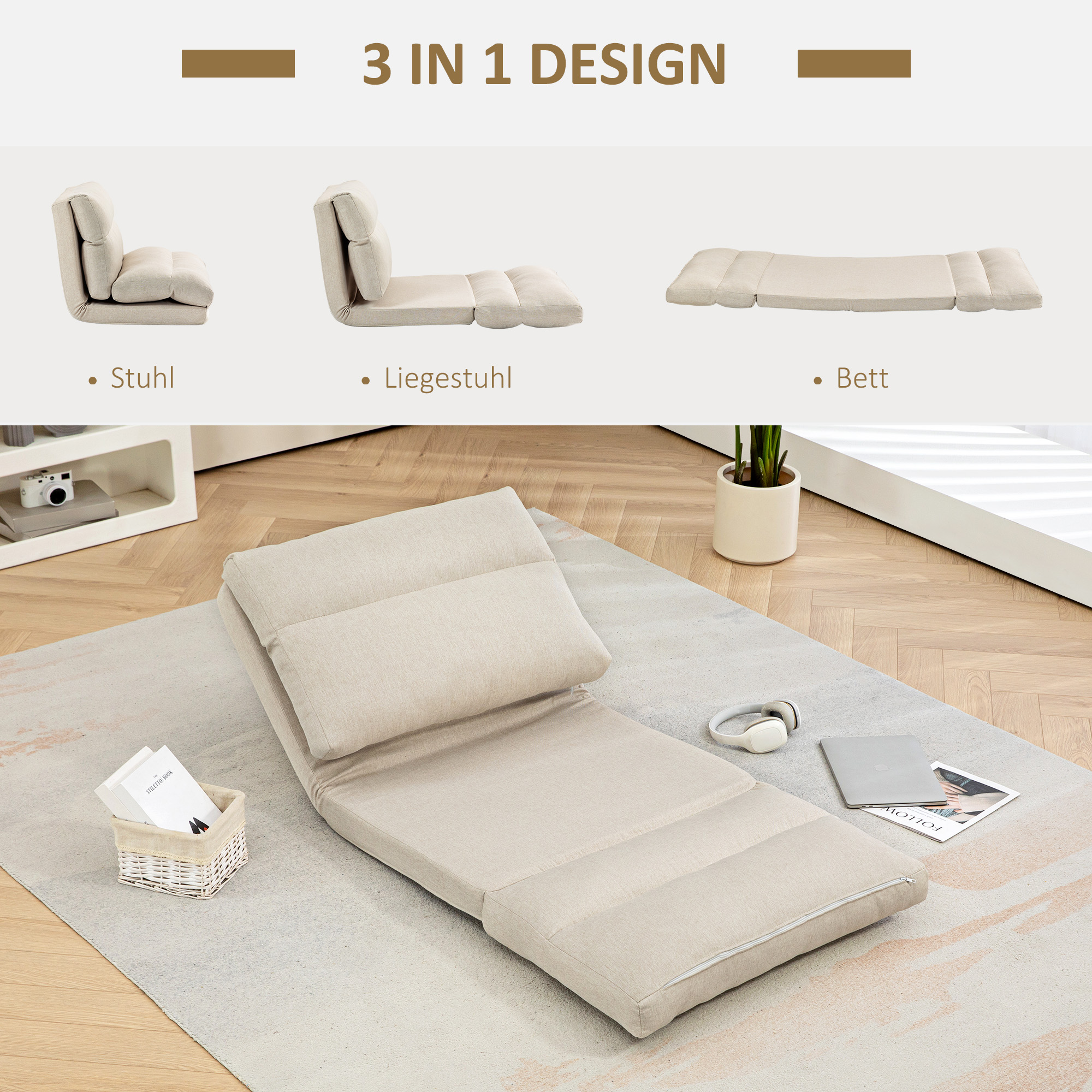 Sitzsack mit Bettfunktion, neigbare Lehne, klappbar, bis 120kg, 70 x 72 x 56 cm, Beige