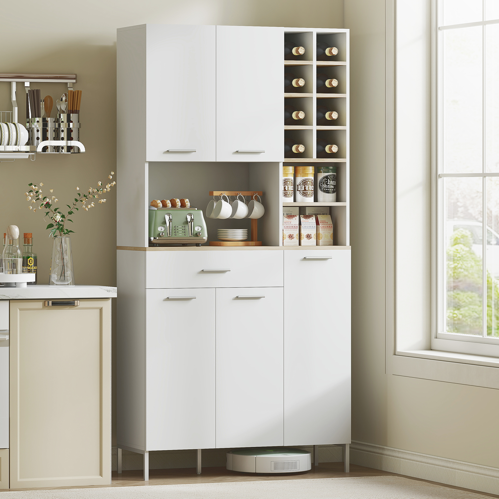 Küchenschrank mit offenen Regalen, Fächern, Weinregal, Vorratsschrank mit 5 Schranktüren, MDF, Weiß