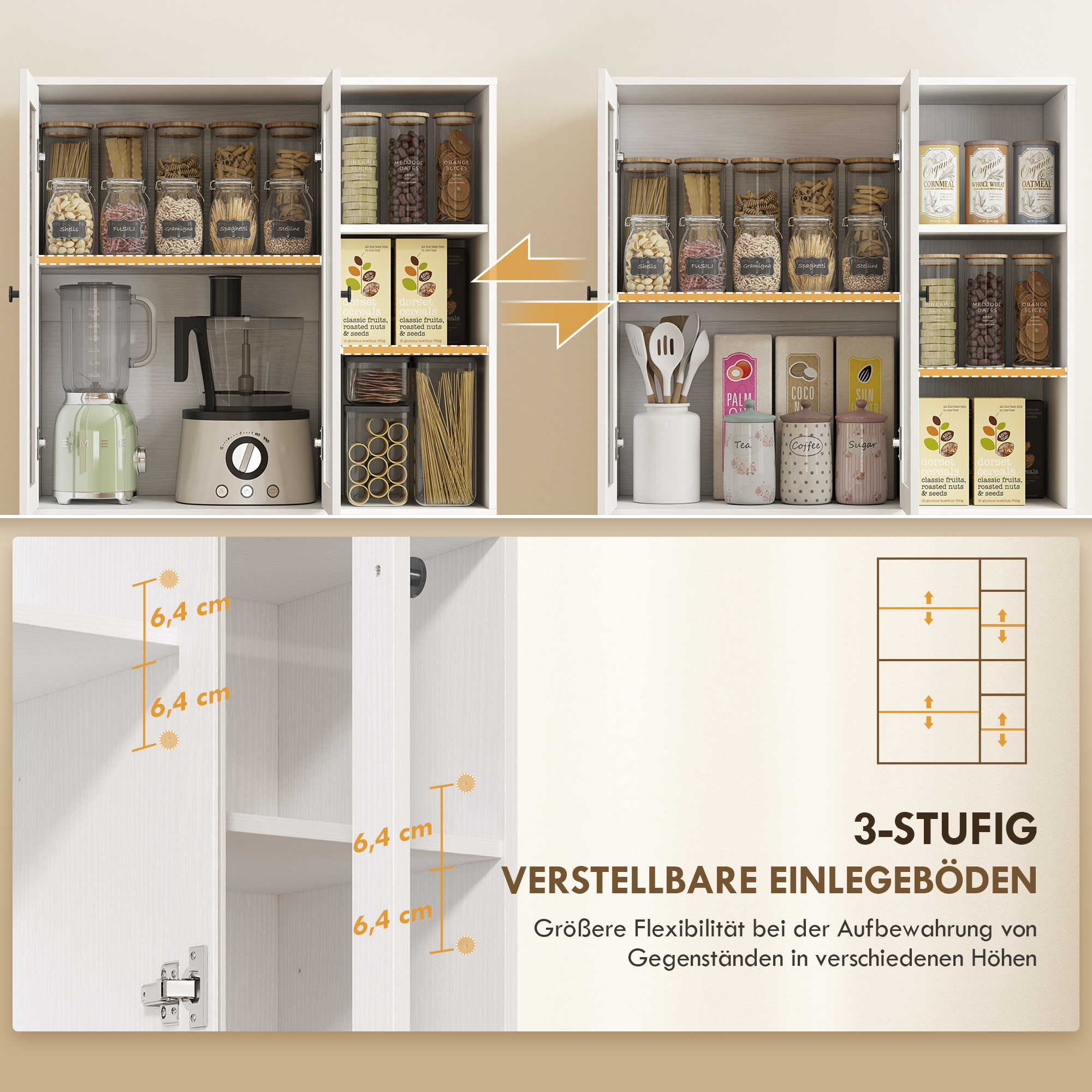 Küchenschrank mit Glastüren, Regale, offene Ablagen, 172 cm groß, MDF, Weiß