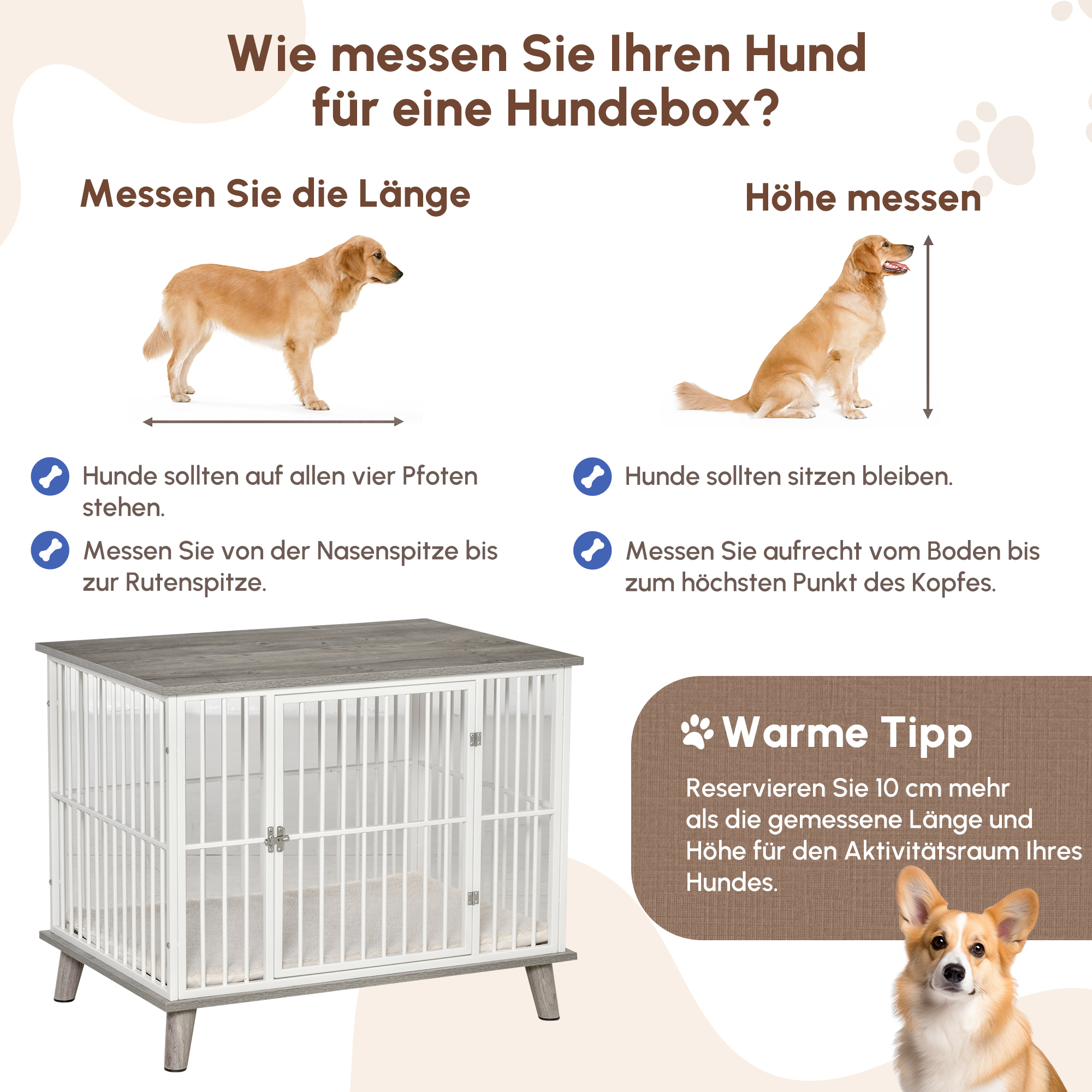 Hundekäfig aus Holz, Hundebox, Transportbox, mit Kissen, 86 cm x 60 cm x 70 cm Holzwerkstoff Stahl Weiß + Grau