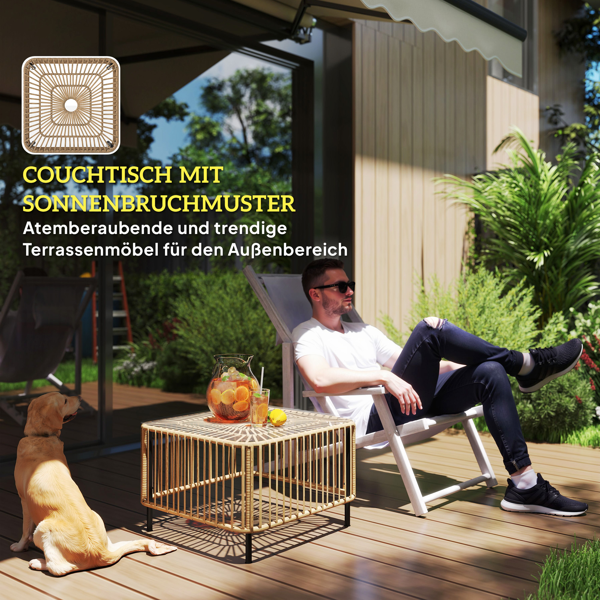 Polyrattan Gartentisch, 65 x 65 x 43 cm, wetterfest Beistelltisch quadrarisch mit Glasplatte Naturholz