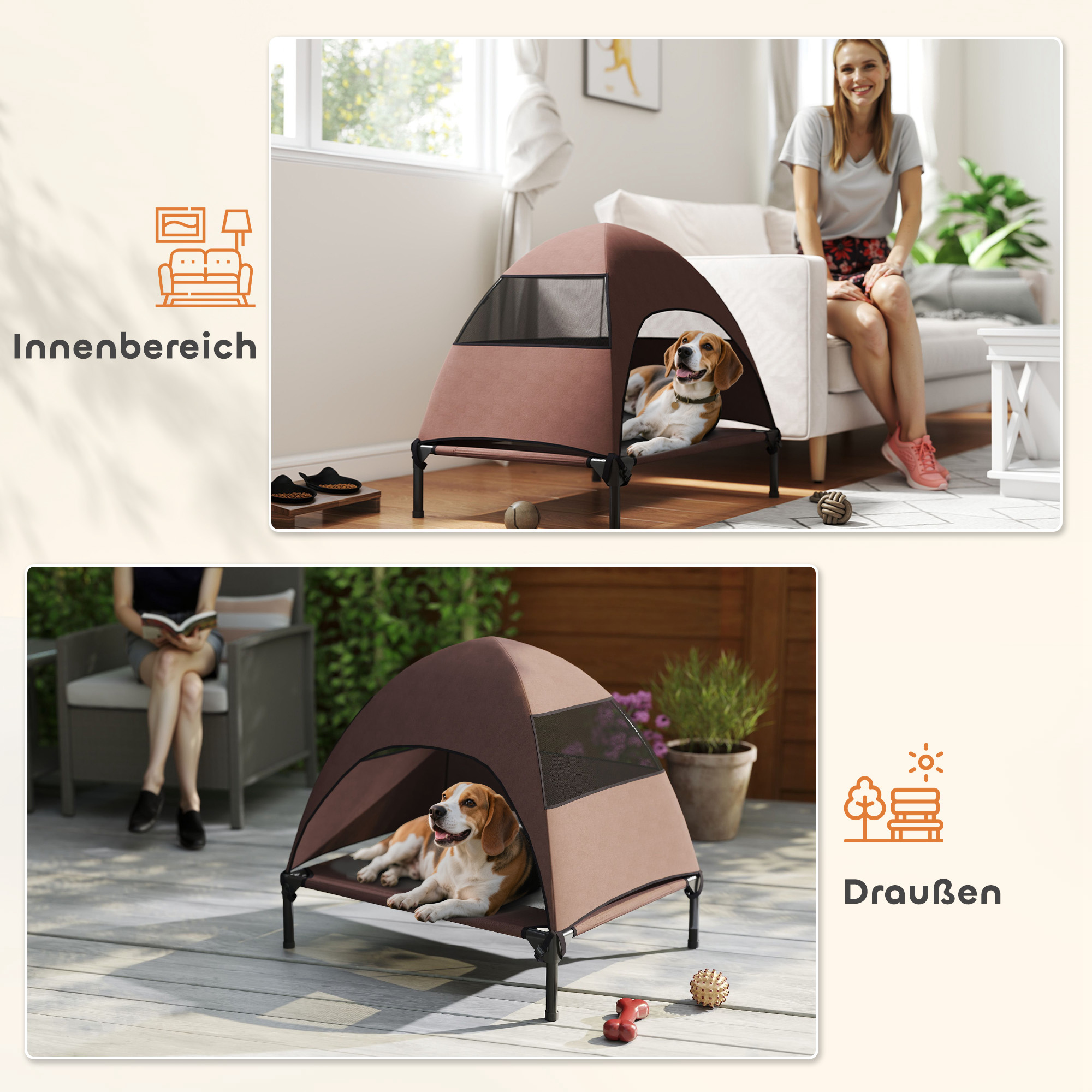 Hundeliege Outdoor mit Dach, erhöhtes Hundebett für Mittelgroße Hunde, 76 x 61 x 71cm, Kaffee