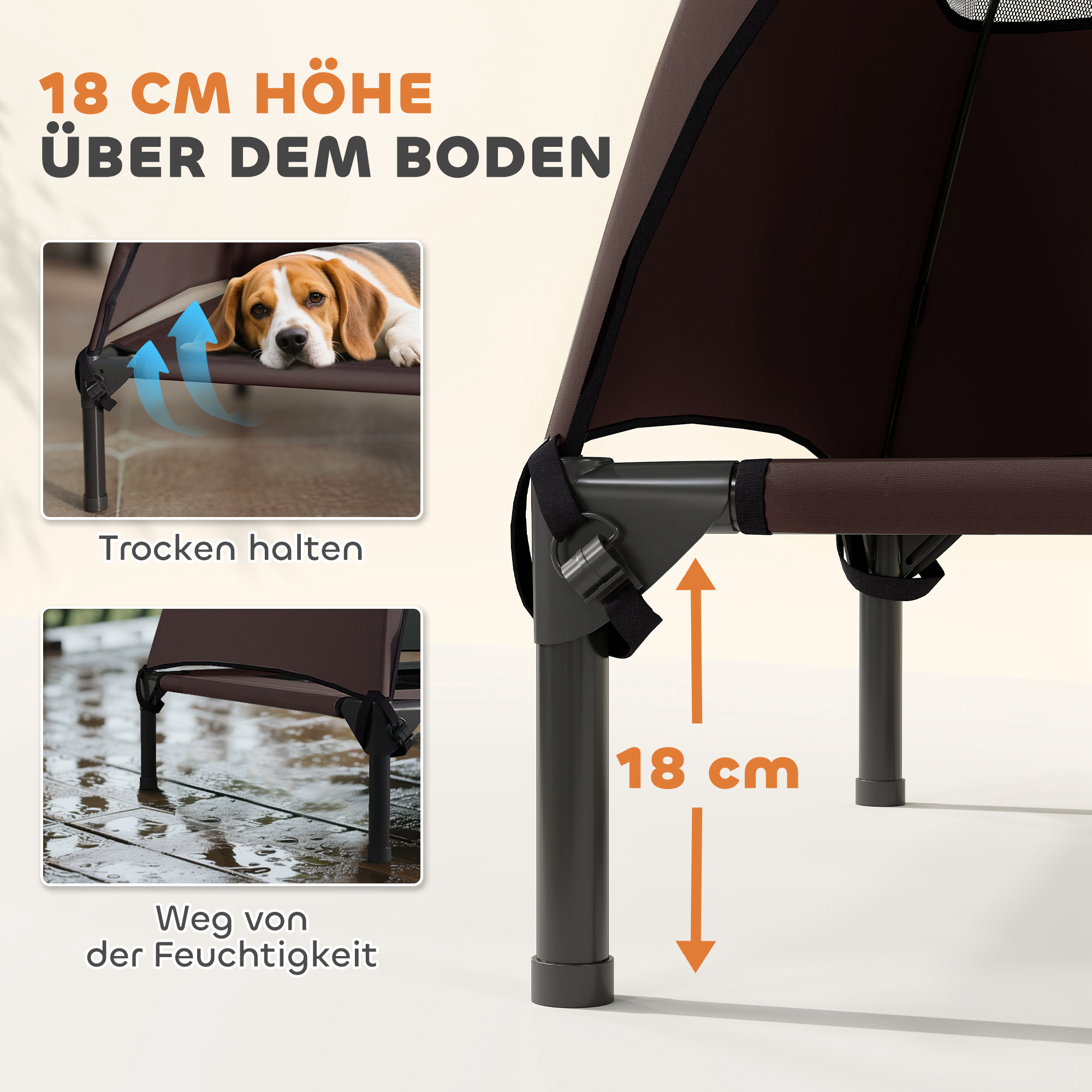 Hundeliege Outdoor mit Dach, erhöhtes Hundebett für Große Hunde, 91 x 76 x 90 cm, Kaffee