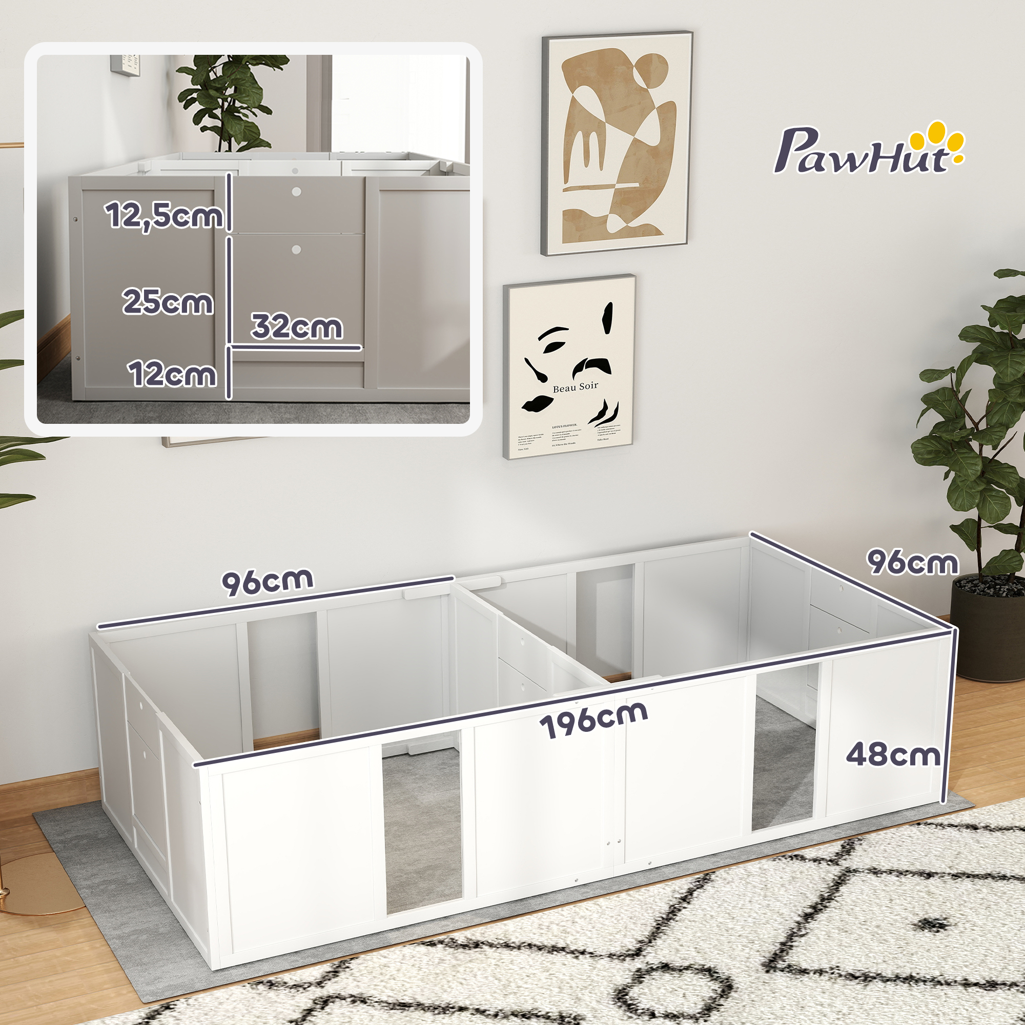 Wurfkiste für Welpen, teilbar in 2 Räume, Acrylfenster, 196 x 96 x 48 cm, Weiß