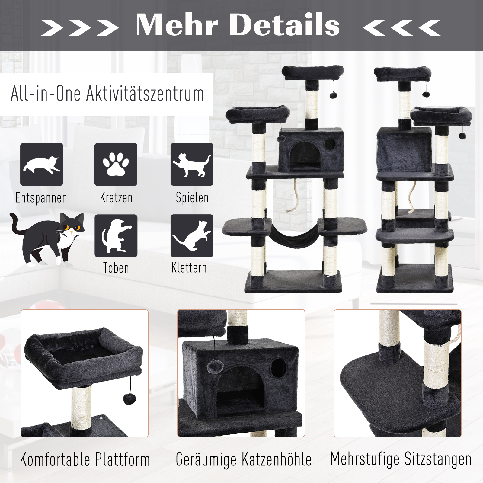 Katzenbaum Luxus mit Hängematte Katzenhaus Kletterbaum mit Hängematte und Katzenhaus Katzenspielturm Dunkelgrau 60 x 48 x 144 cm