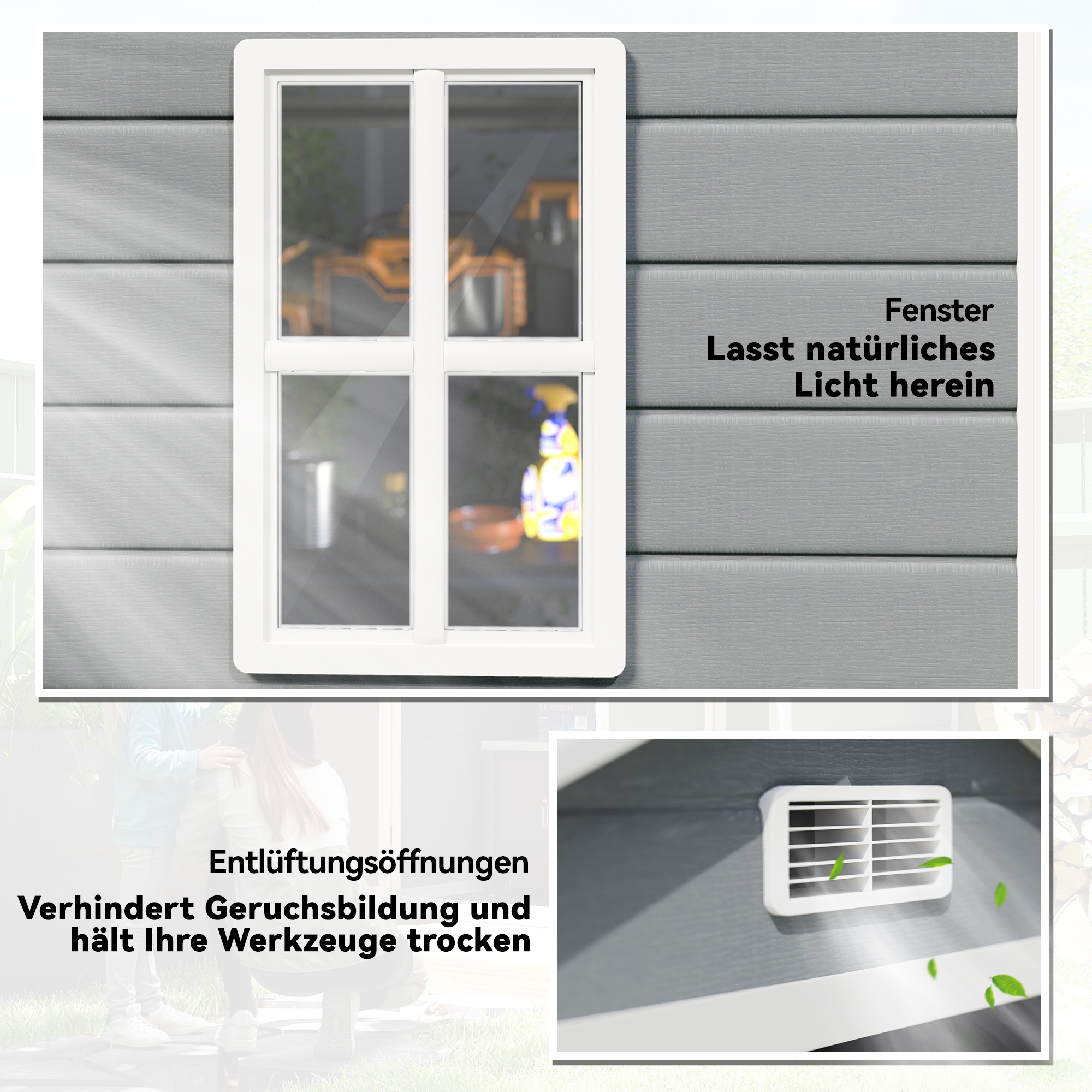 Metall-Gartenschuppen, abschließbar, Doppeltür, Fenster, Aluminiumrahmen, 1,80 x 1,30 x 2,10 m, Grau
