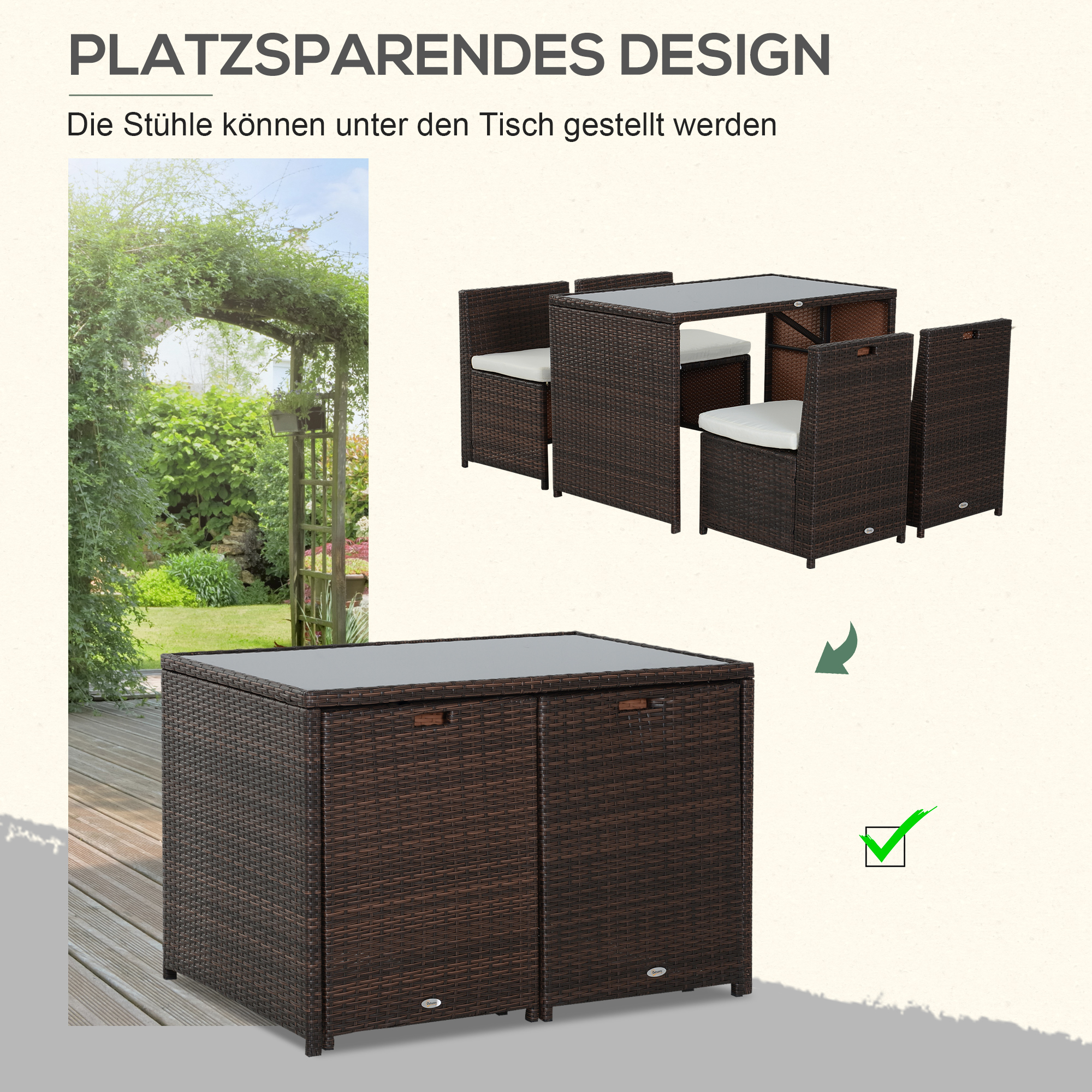 5-teiliges Polyrattan Gartenmöbel-Set, wetterfest Balkonmöbel für 4 Personen Terrassenmöbel mit Tisch 4 Stühle Kissen, Lounge-Set Essgruppe Sitzgruppe für Balkon, Garten, Braun+Khaki
