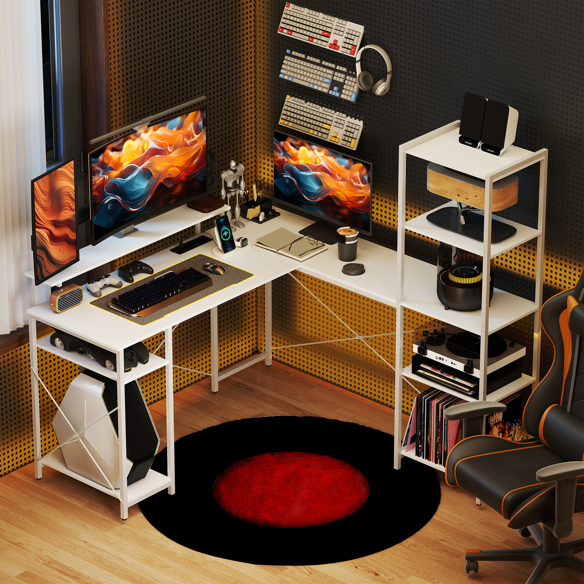 L-förmiger Schreibtisch mit Ladestation, Eck-Computertisch mit Monitorständer und Regalen, für Homeoffice, Büro, Weiß