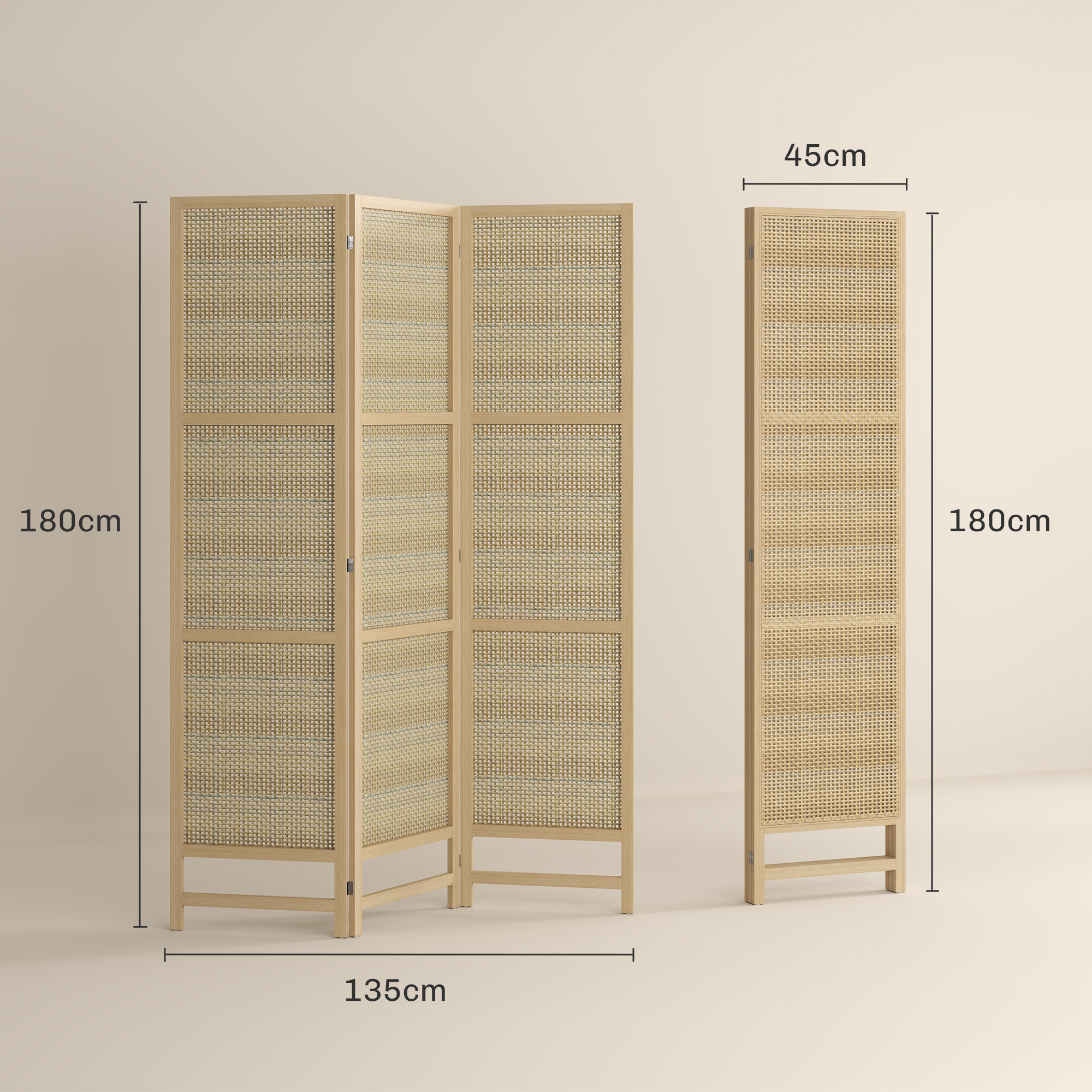 3-teiliger Raumteiler, 180 cm faltbarer Wandschirm, Freistehender Raumtrenner mit handgewebtem Design für Zuhause, Natur