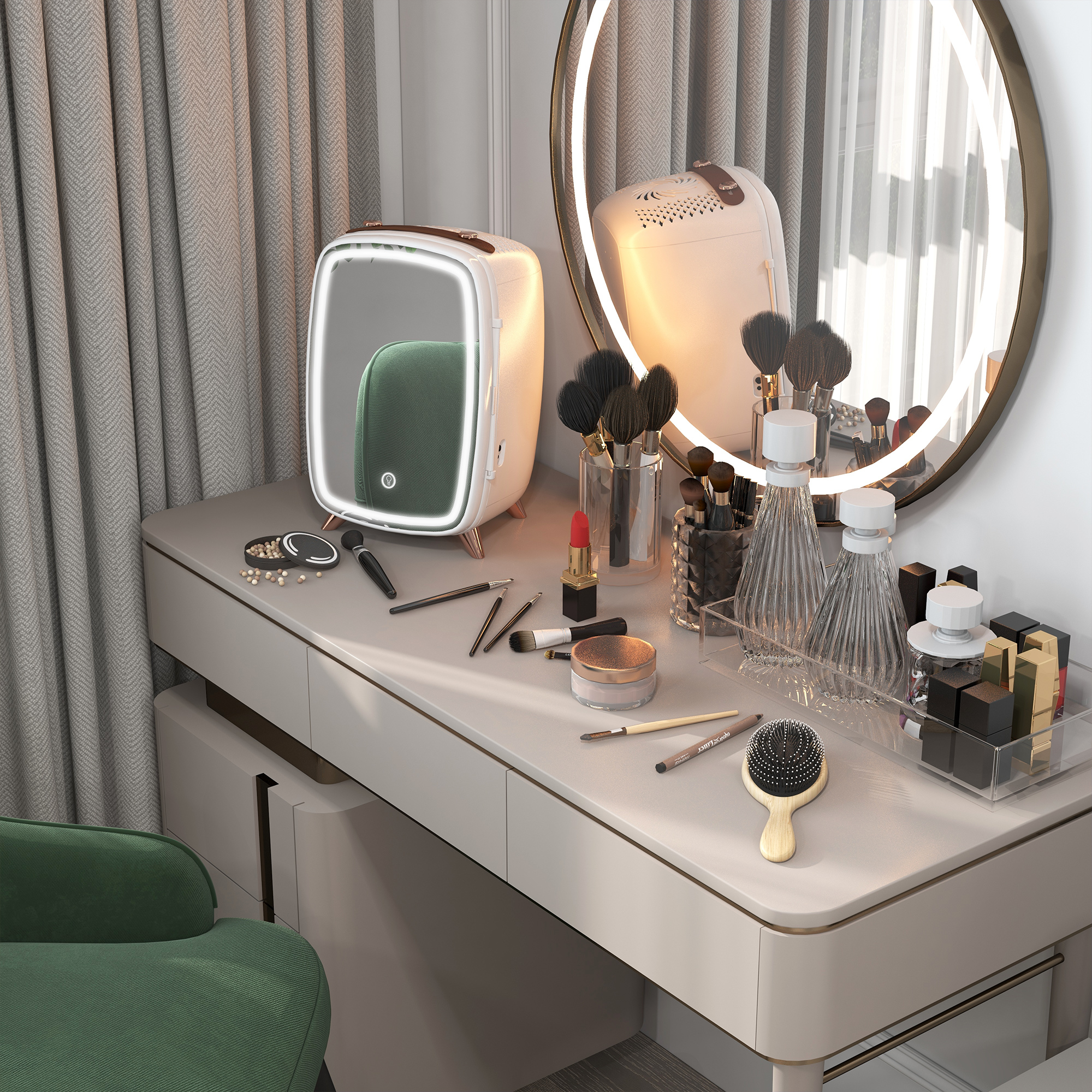 Minikühlschrank für Kosmetikprodukte, Getränke und Snacks, tragbar, mit beleuchtetem Spiegel, leiser Betrieb, 6L, Weiß