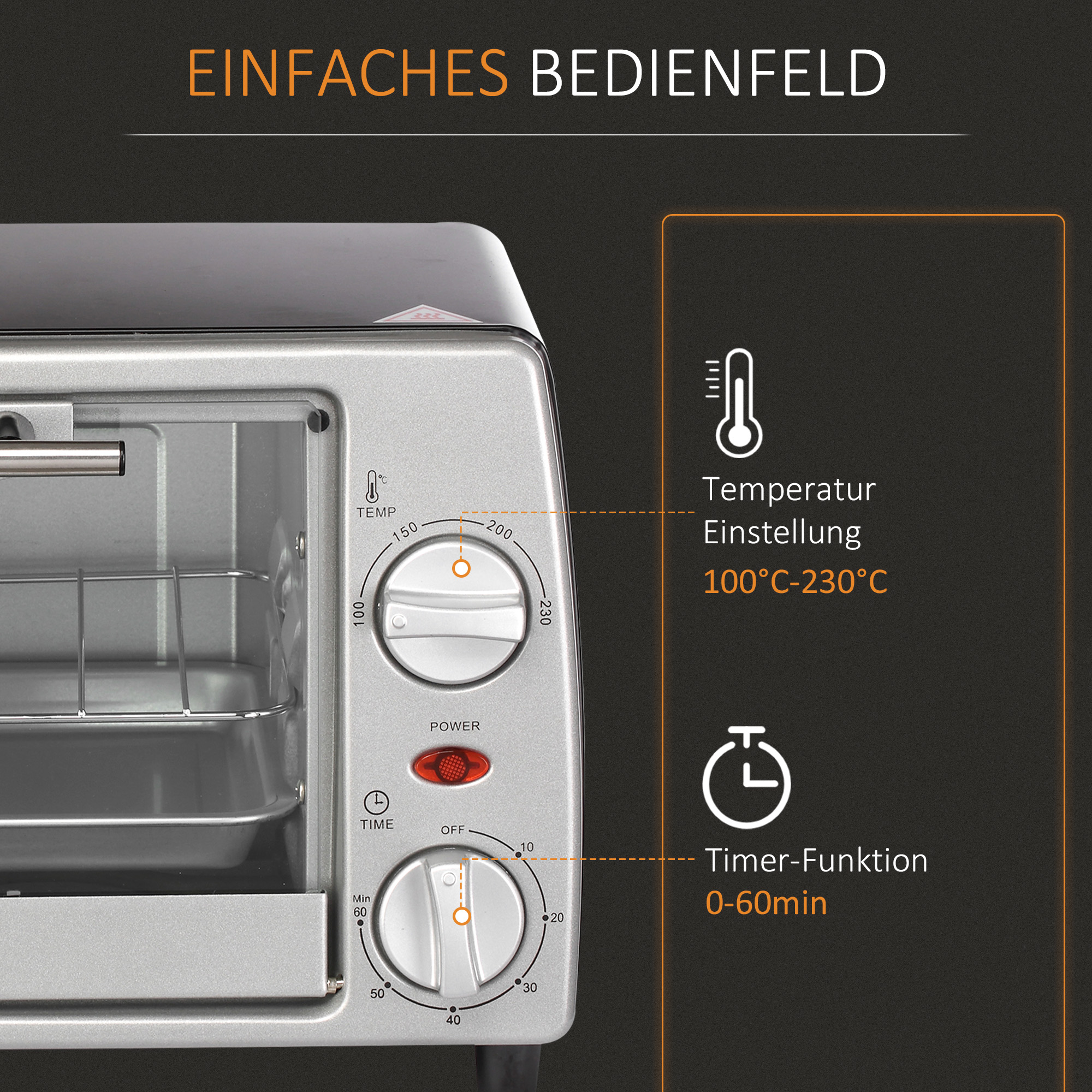 Mini Backofen 10 L 750W 100-230? 60 Min. Timer mit Backblech, Grillrost und Herausnehmbarer Bodenschale, Pizza-Ofen Silber