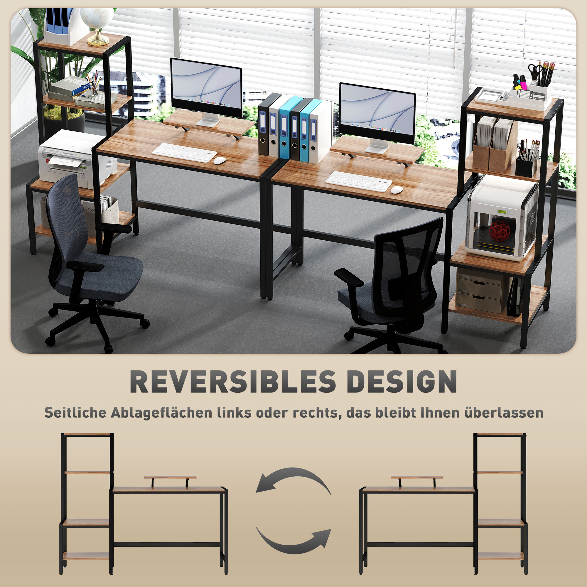Computertisch mit Monitorständer, Schreibtisch mit 4-stufigem Regal, Industrielles Design, Braun