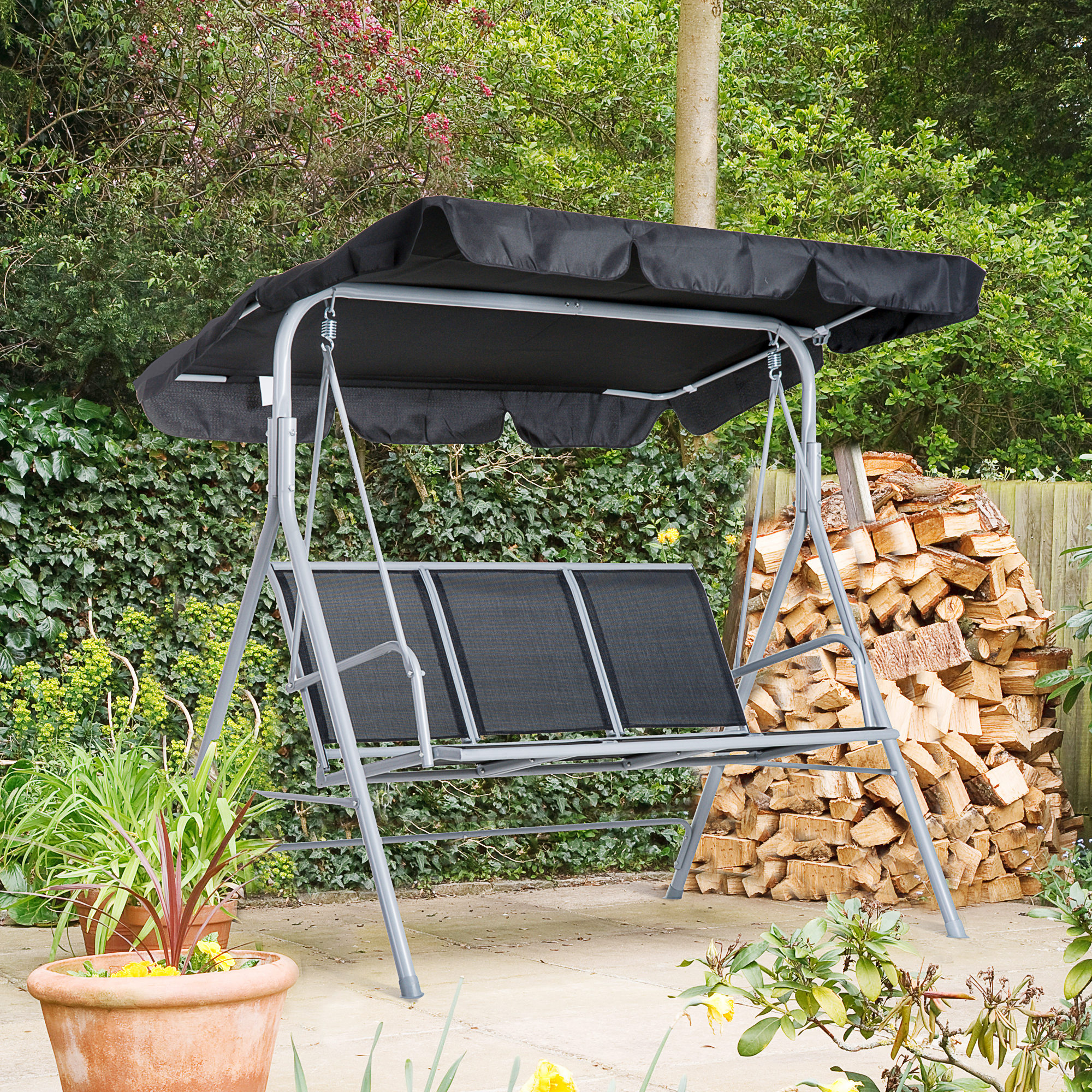 Hollywoodschaukel mit verstellbarem Sonnendach, 3-Sitzer Gartenschaukel mit Anti-Rutsch-Füßen, Schaukelbank belastbar bis 240 kg, Gartenliege für Garten, Terasse, 171x108x150cm, Schwarz