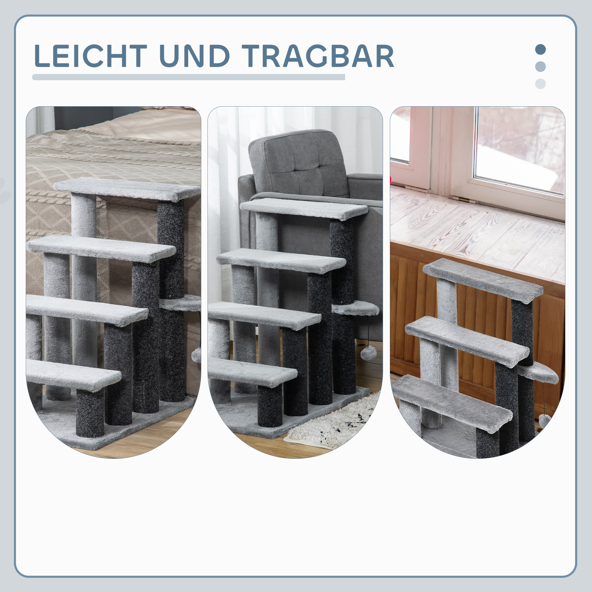 Katzentreppe 4-stufige Haustiertreppe mit Kratzsäulen Ball Hundetreppe Tiertreppe für Katzen bis 5 kg Plüsch Jute Grau 60 x 40 x 64 cm