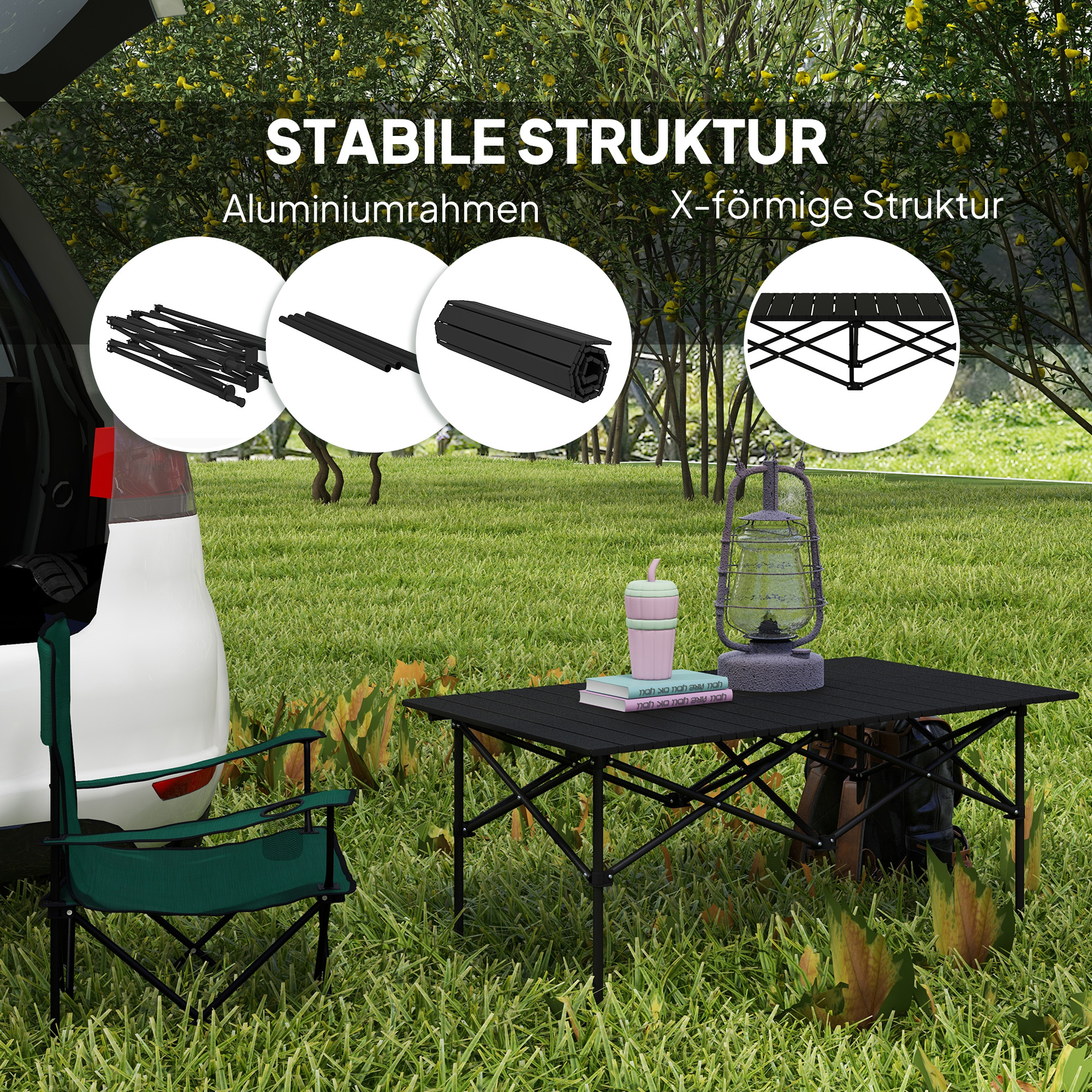 Campingtisch Klapptisch mit Aufrollbare Tischplatte Gartentisch aus Aluminium 2 Personen 95 x 55cm Schwarz
