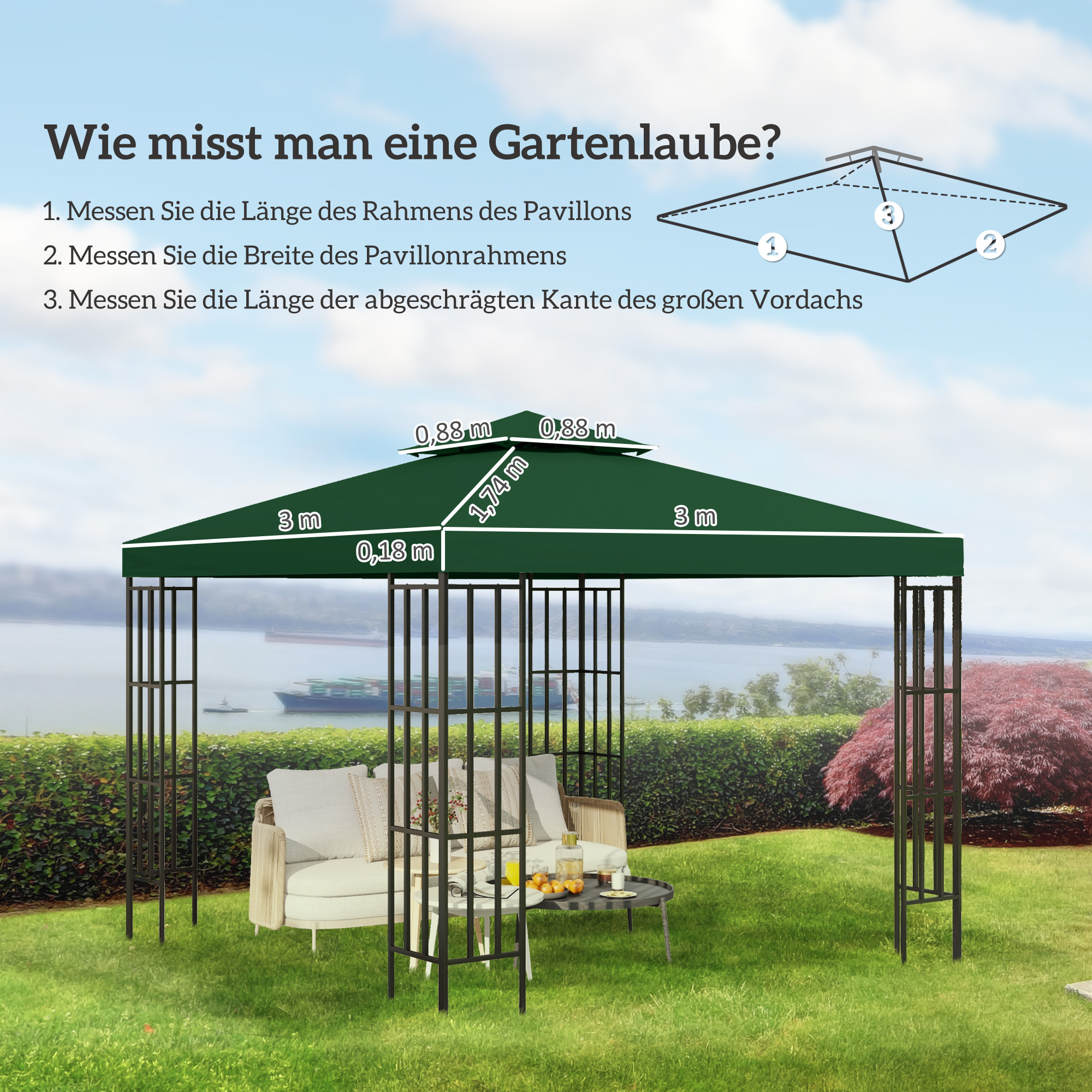 Ersatzdach für Pavillon 3x3m wasserabweisend Pavillondach für Metallpavillon Pavillon Ersatzdach Gartenpavillon Partyzelt Gartenzelt Polyester Dunkelgrün