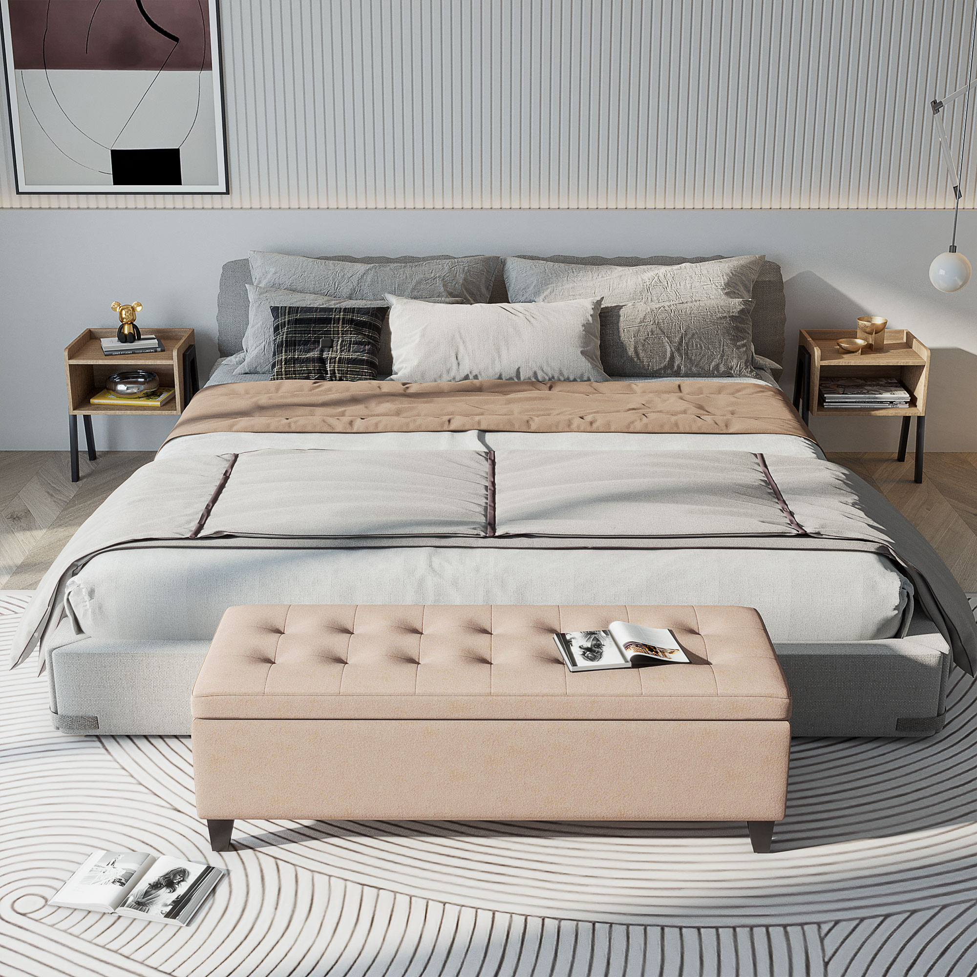 Polsterbank mit Stauraum, Knopfheftung, bis 120 kg, 125 x 49 x 41,5 cm, Beige