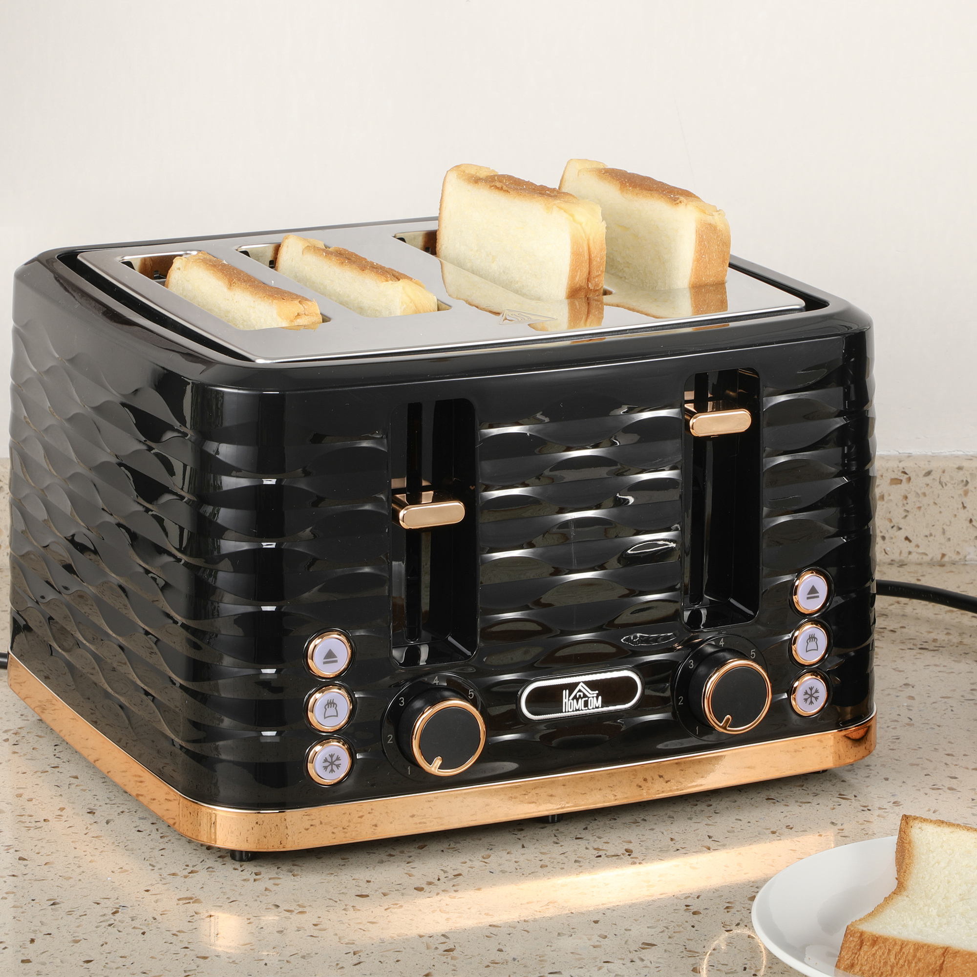 4-Scheiben-Toaster, wellenförmiges Design, mehrere Funktionen, Krümelfach, Schwarz